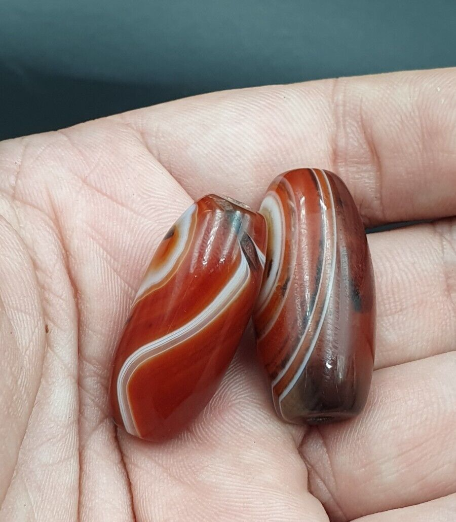 2 Red Agate Beads Vintage Himalayan Indo Tibetan Very Rare Patterns Amulet Beads