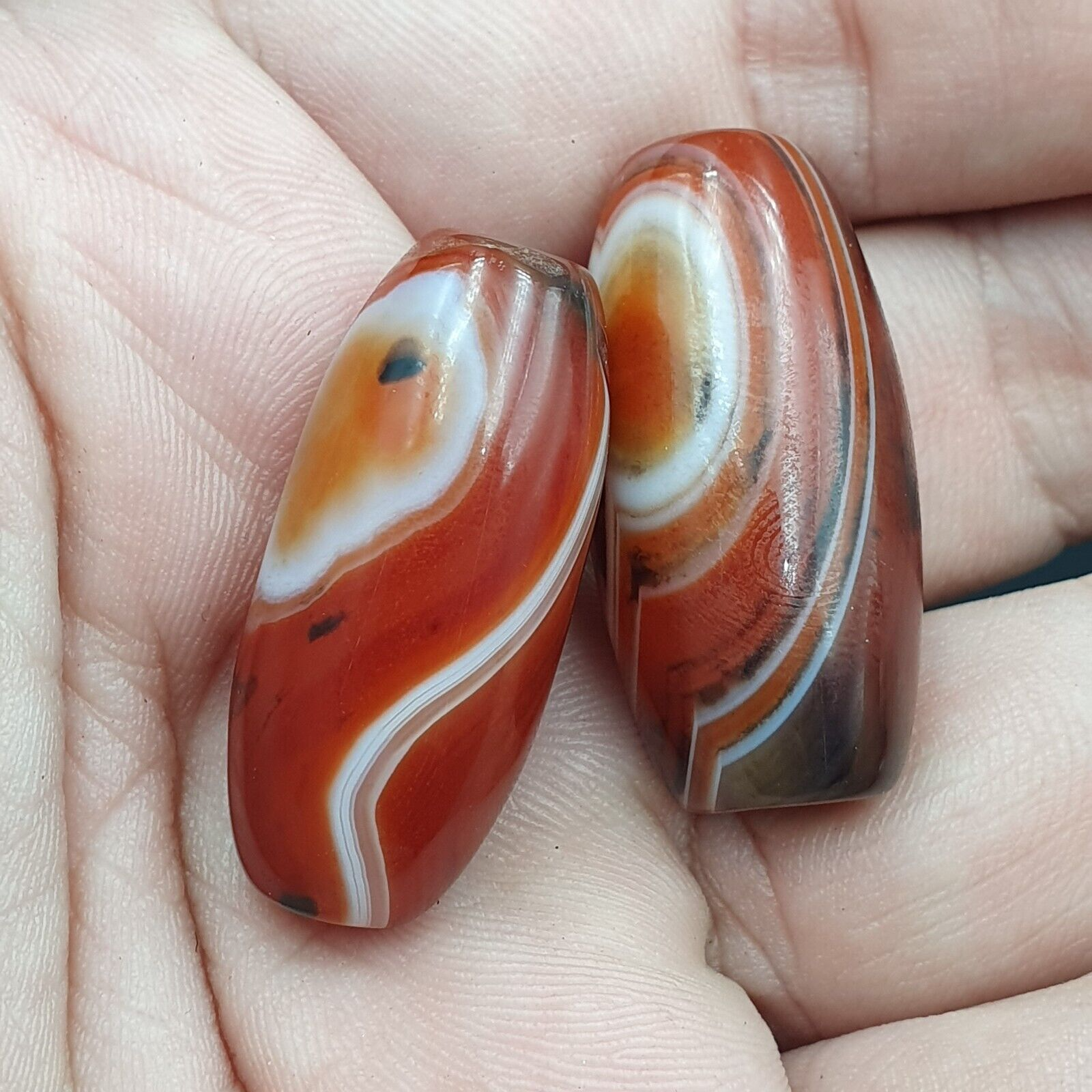2 Red Agate Beads Vintage Himalayan Indo Tibetan Very Rare Patterns Amulet Beads