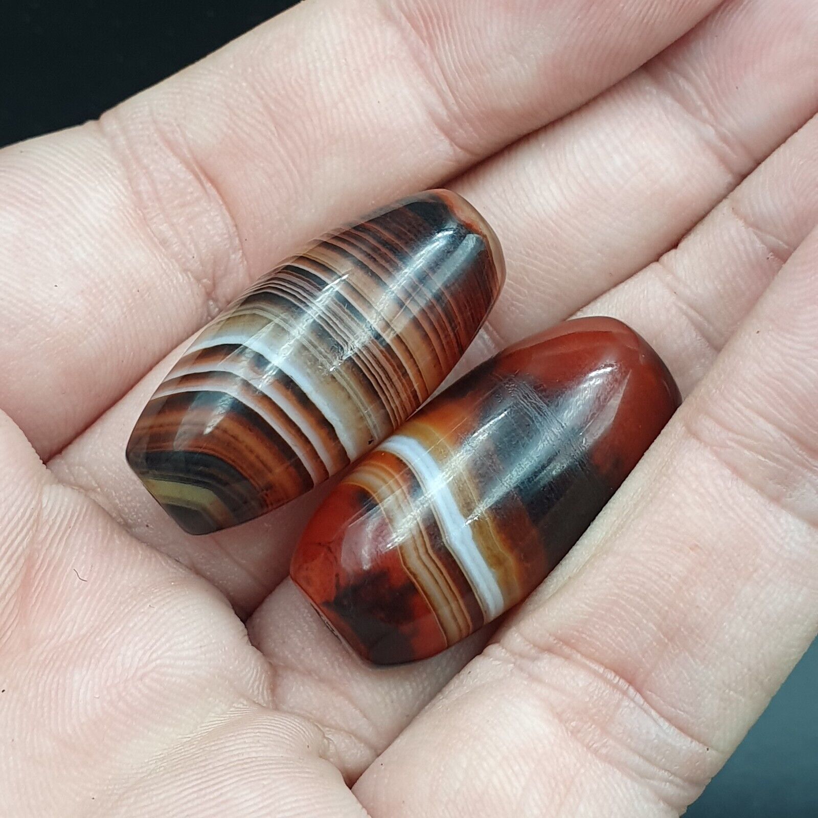 Very Rare Patterns 2 Red Agate Beads Vintage Himalayan Indo Tibetan Beads #3