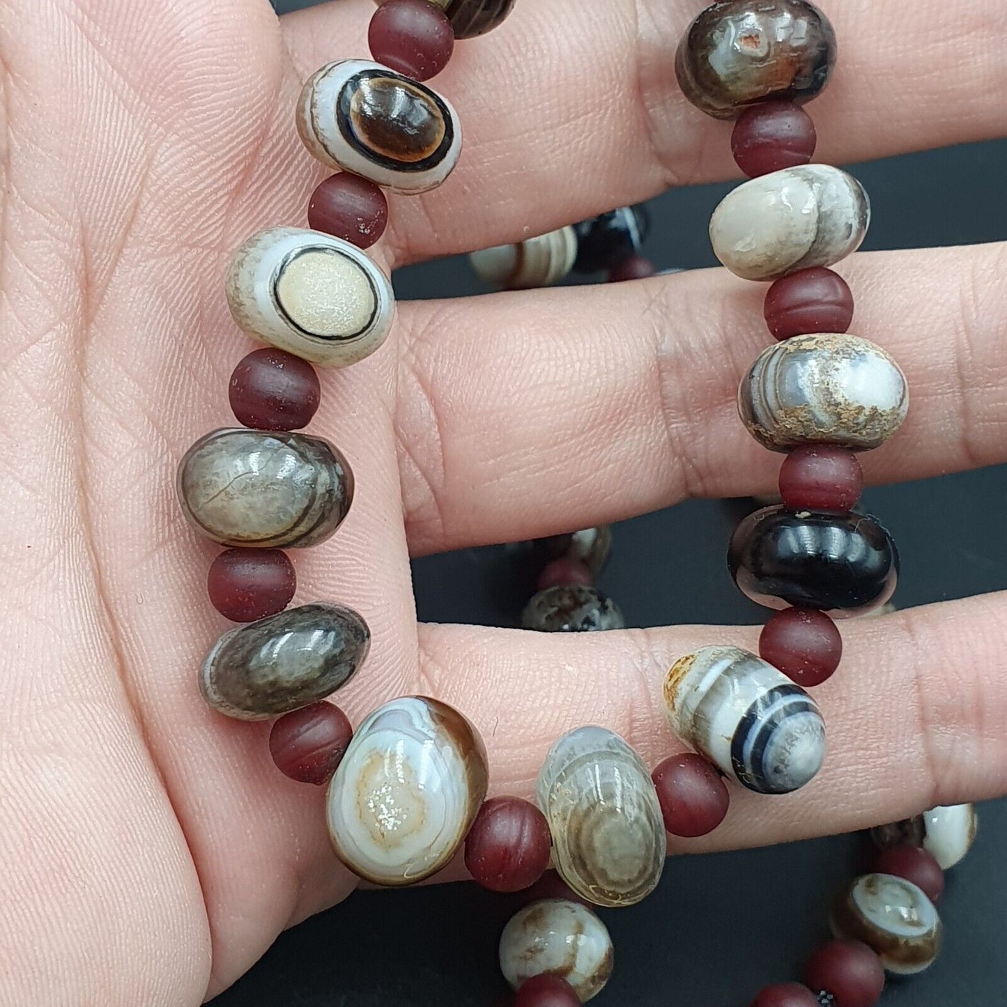 Suleimani Achat Perlen Vintage Himalaya Indo Tibetische Augenperlen Halskette