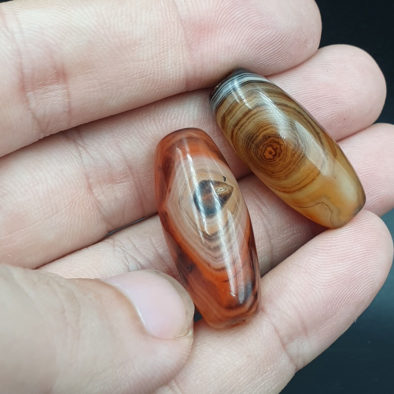 Very Rare Patterns 2 Red Agate Beads Vintage Himalayan Indo Tibetan Amulet Beads