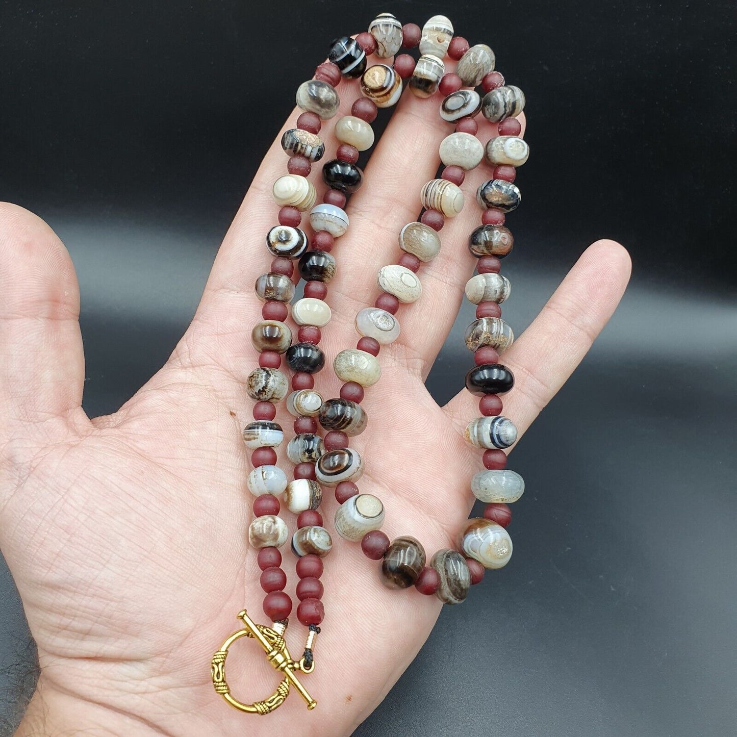Suleimani Achat Perlen Vintage Himalaya Indo Tibetische Augenperlen Halskette