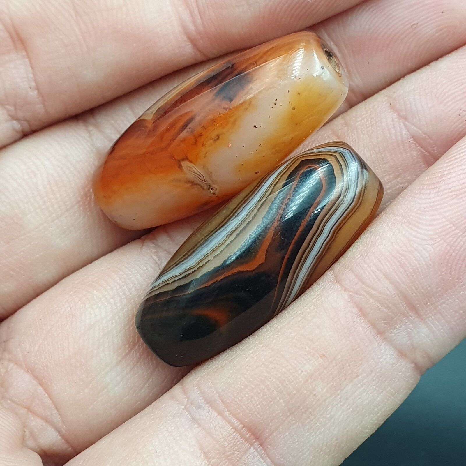 Very Rare Patterns 2 Red Agate Beads Vintage Himalayan Indo Tibetan Amulet Beads