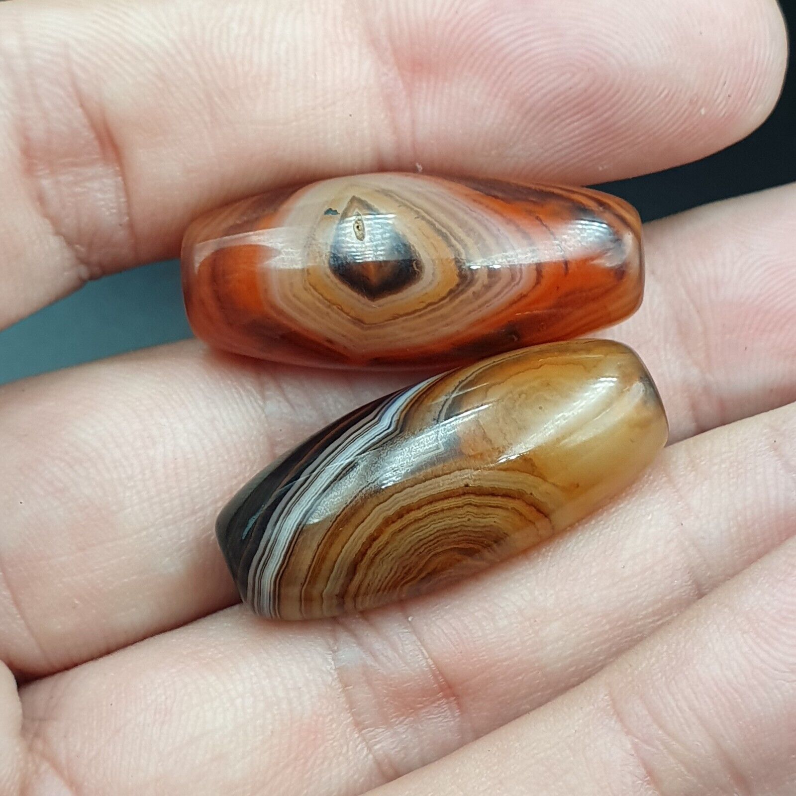 Very Rare Patterns 2 Red Agate Beads Vintage Himalayan Indo Tibetan Amulet Beads