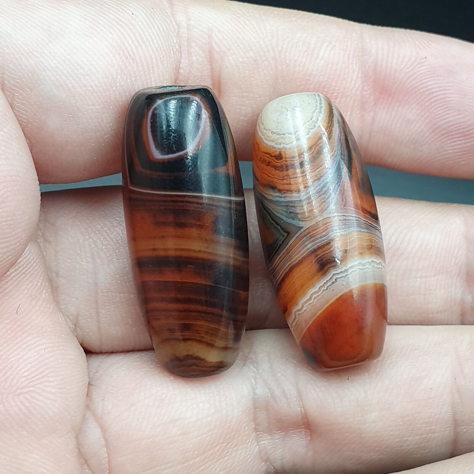 Very Rare Patterns 2 Red Agate Beads Vintage Himalayan Indo Tibetan Beads #2