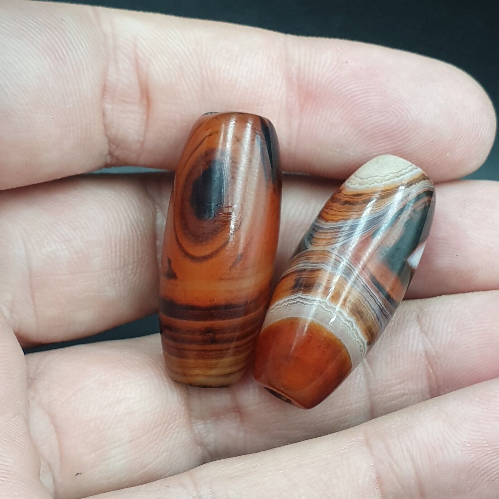 Very Rare Patterns 2 Red Agate Beads Vintage Himalayan Indo Tibetan Beads #2