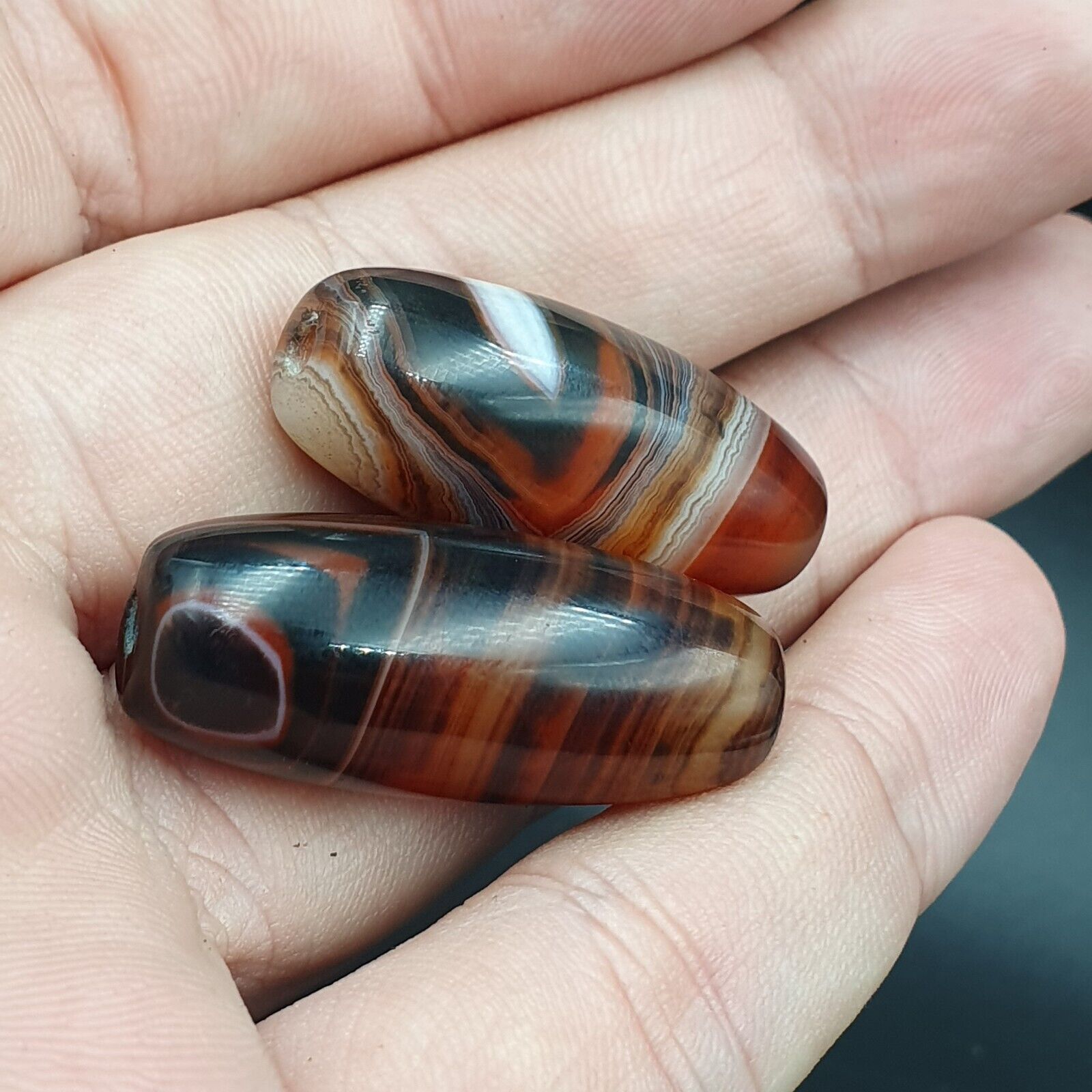 Very Rare Patterns 2 Red Agate Beads Vintage Himalayan Indo Tibetan Beads #2