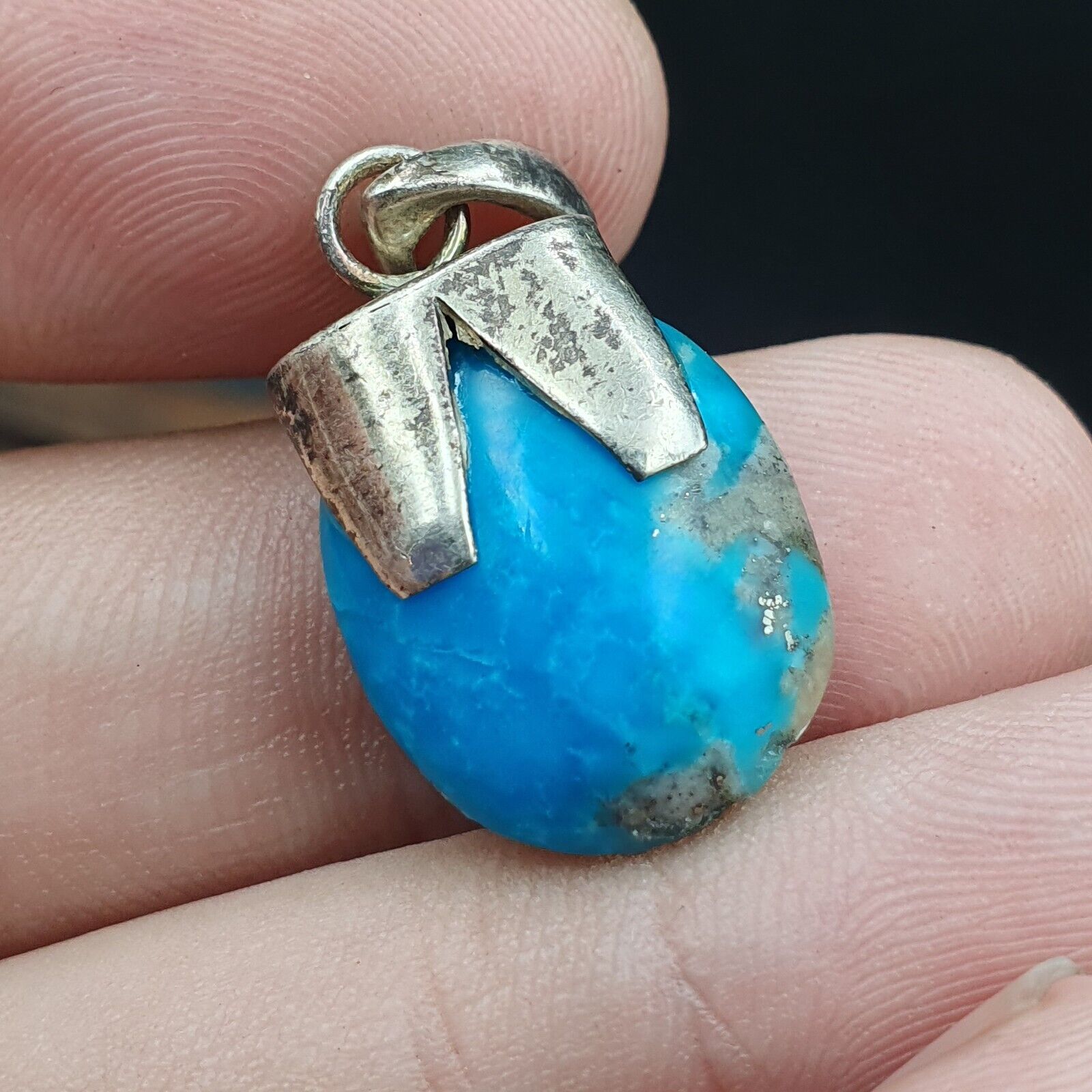 Beautiful Natural Blue Turquois Cab Sterling Silver Pendant