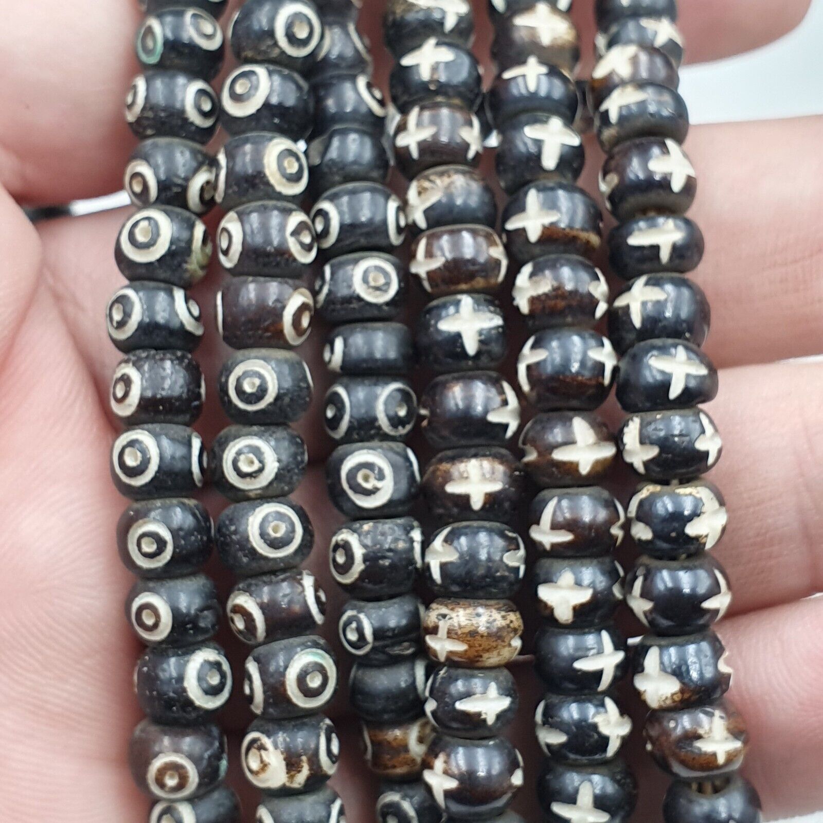 Lot 2 Old Tibetan Carving Yak Bone Necklace Tribal Decorated Beads Strands #B6