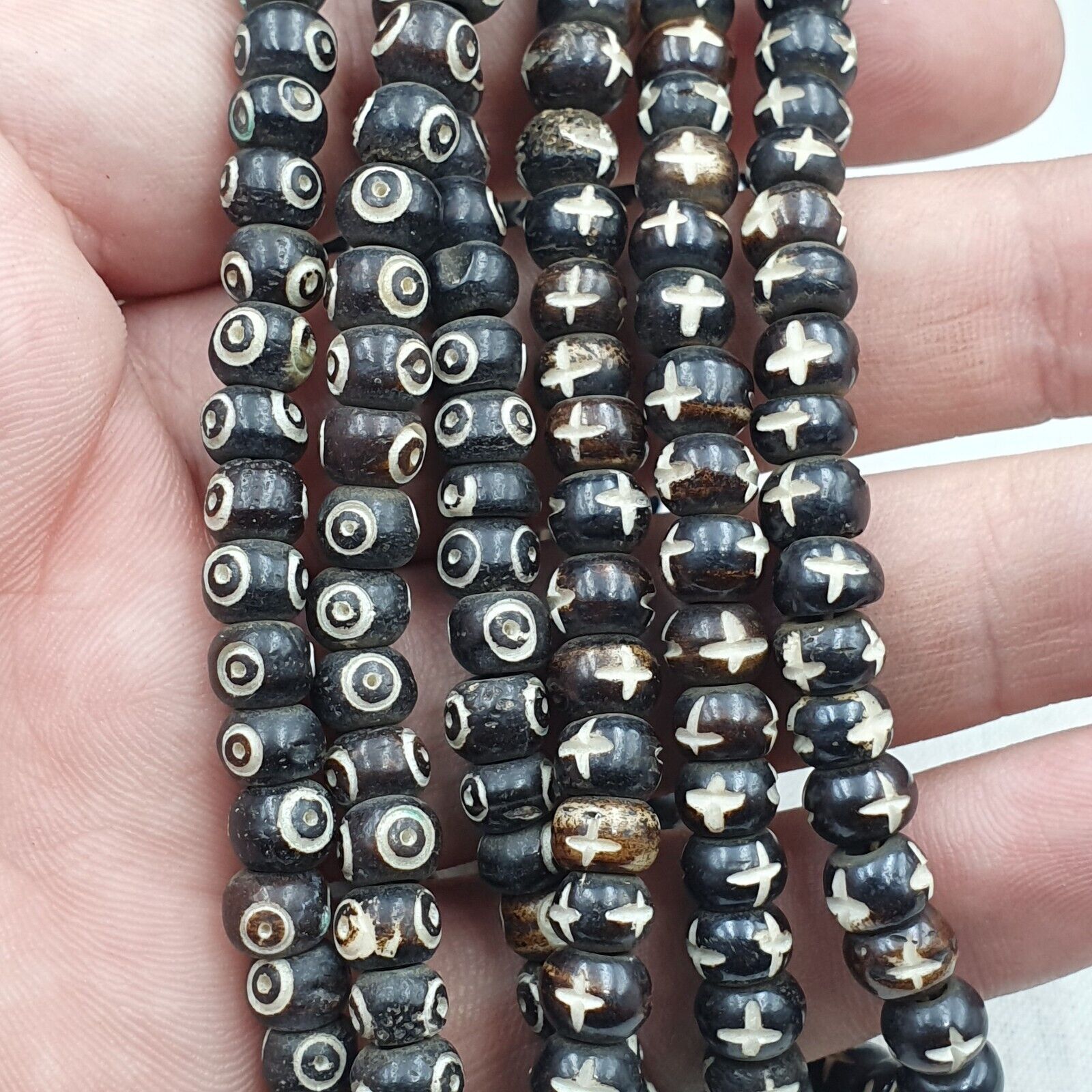 Lot 2 Old Tibetan Carving Yak Bone Necklace Tribal Decorated Beads Strands #B6