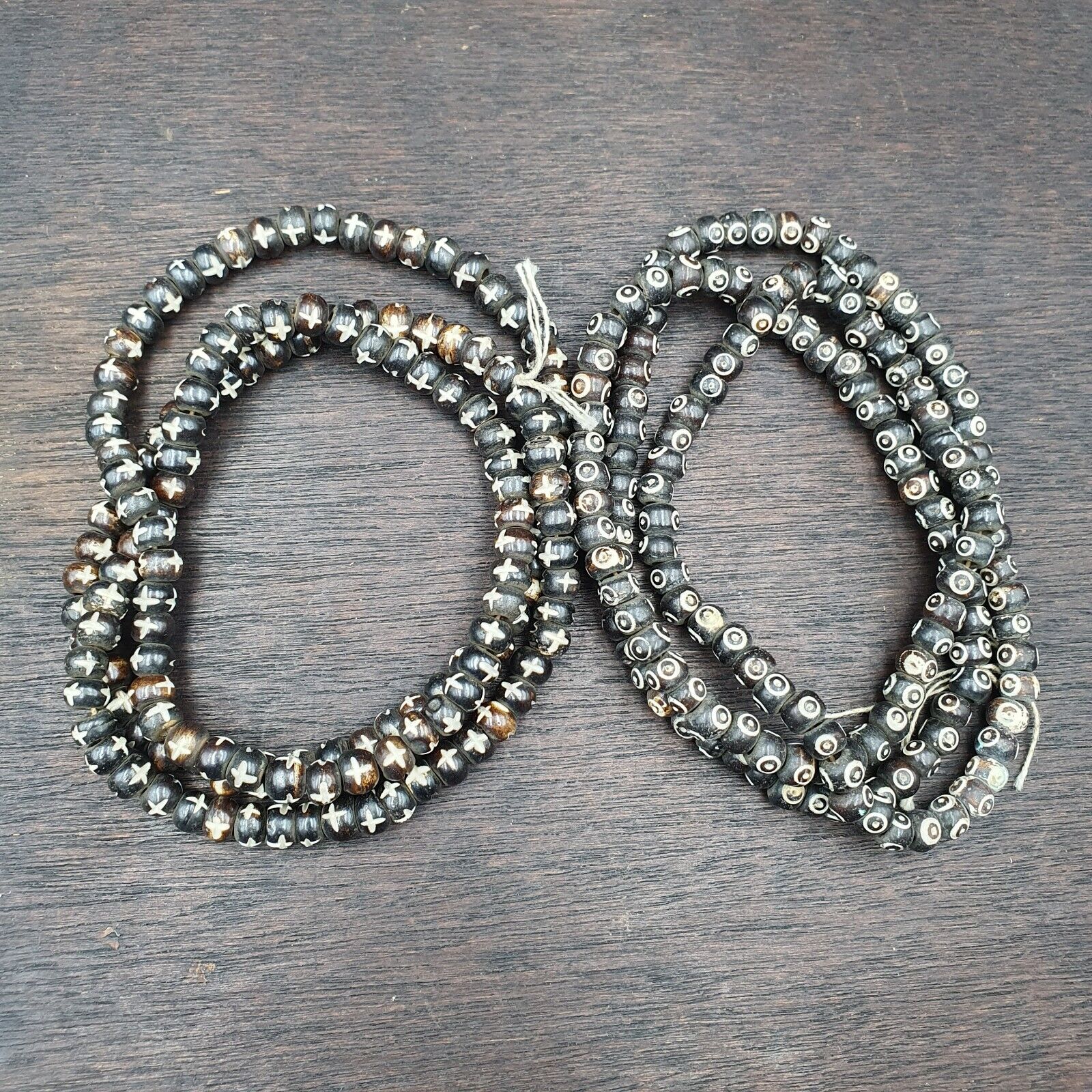 Lot 2 Old Tibetan Carving Yak Bone Necklace Tribal Decorated Beads Strands #B6