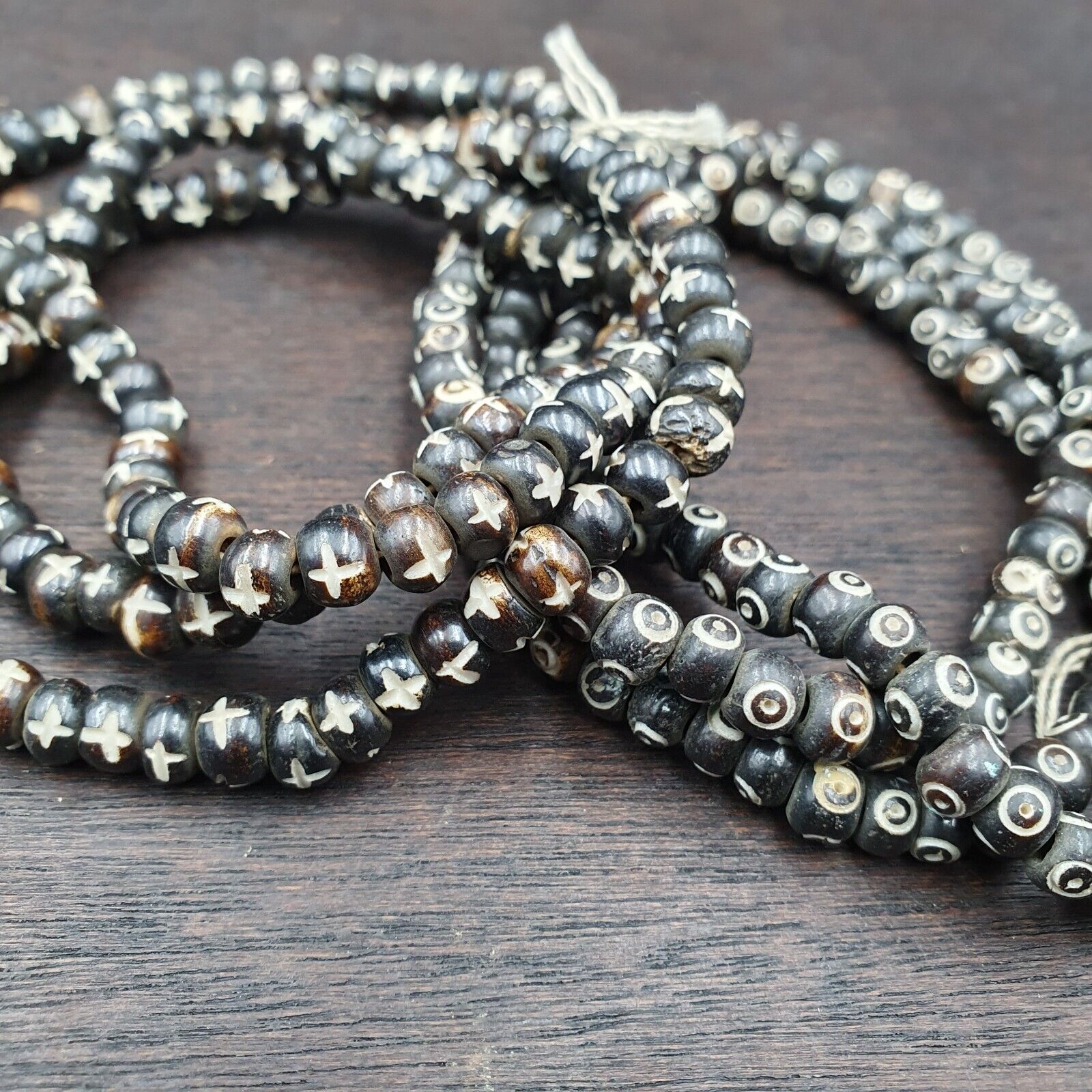 Lot 2 Old Tibetan Carving Yak Bone Necklace Tribal Decorated Beads Strands #B6