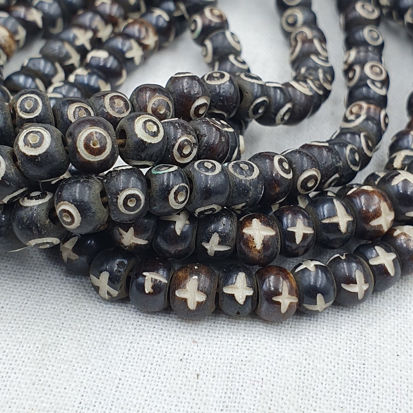 Lot 2 Old Tibetan Carving Yak Bone Necklace Tribal Decorated Beads Strands #B6