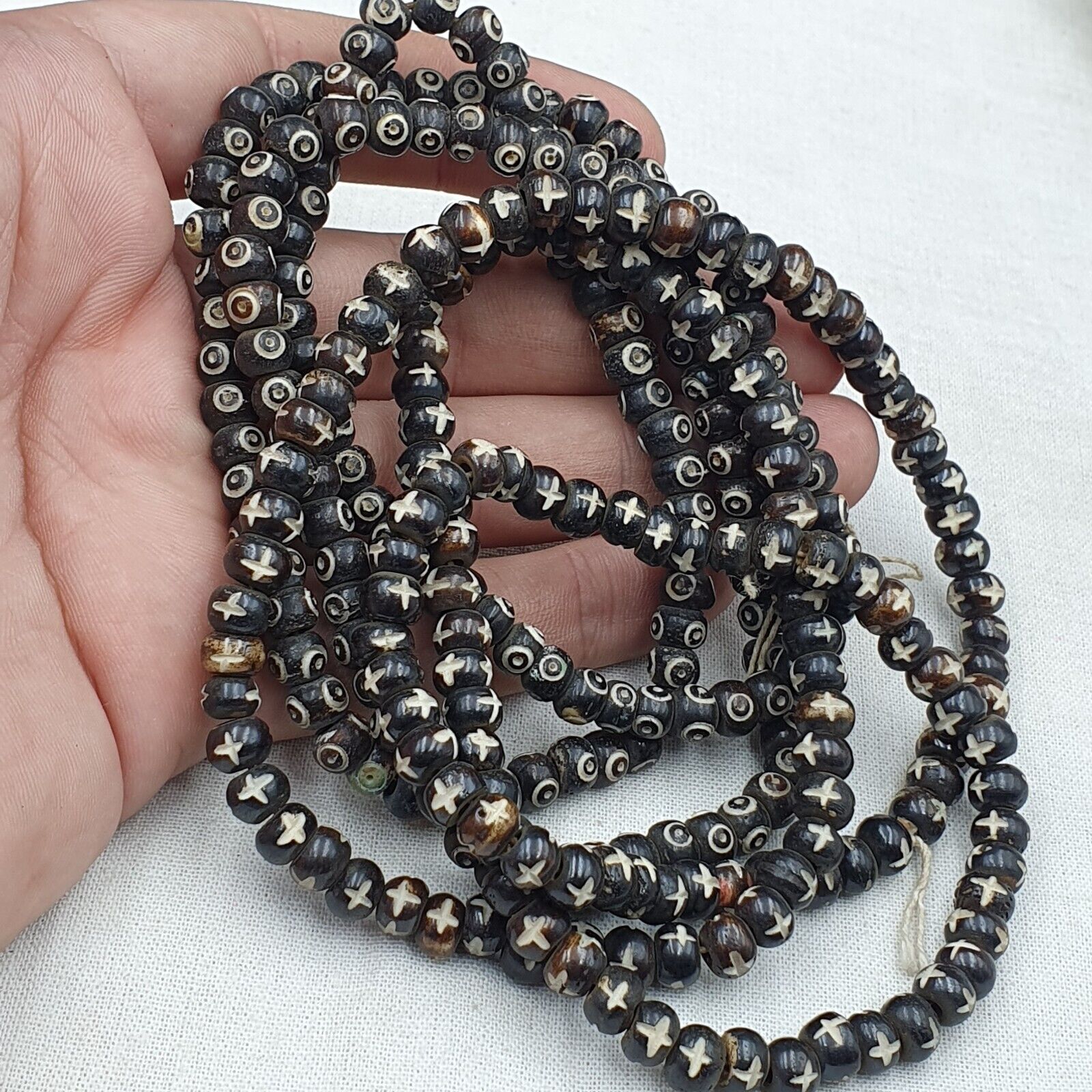 Lot 2 Old Tibetan Carving Yak Bone Necklace Tribal Decorated Beads Strands #B6