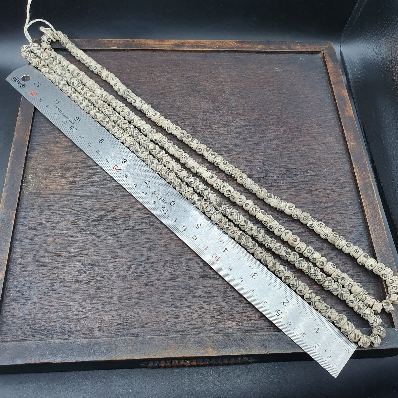 2 Old Tibetan Chinese Carved Necklace Tribal Decorated Beads Strands
