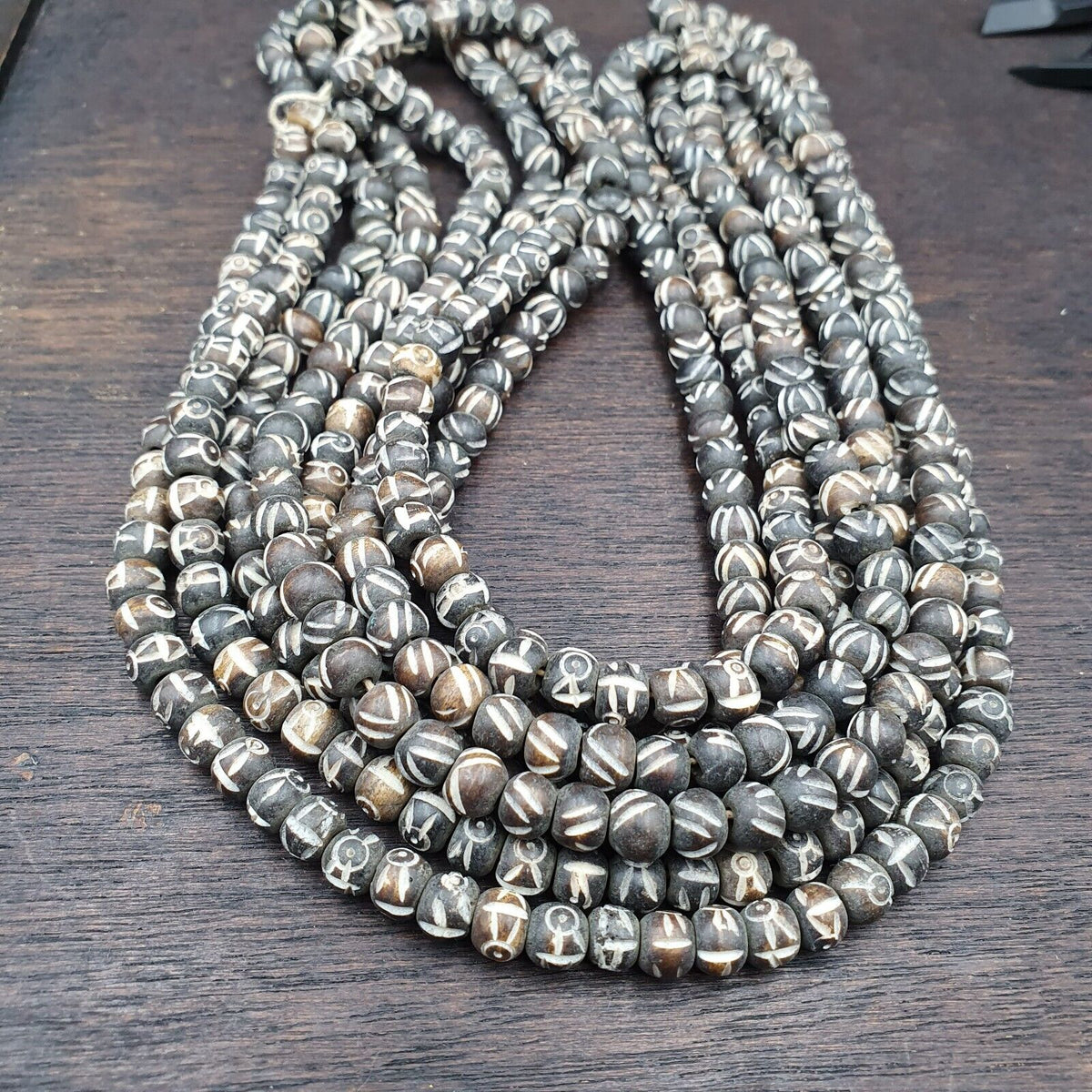 Lot 2 Old Tibetan Carving Yak Bone Necklace Tribal Decorated Beads Strands #B5