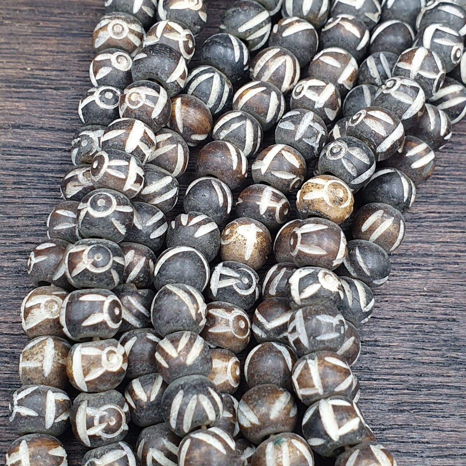 Lot 2 Old Tibetan Carving Yak Bone Necklace Tribal Decorated Beads Strands #B5