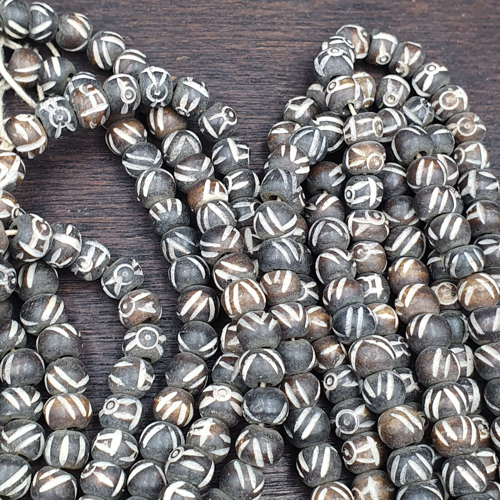 Lot 2 Old Tibetan Carving Yak Bone Necklace Tribal Decorated Beads Strands #B5