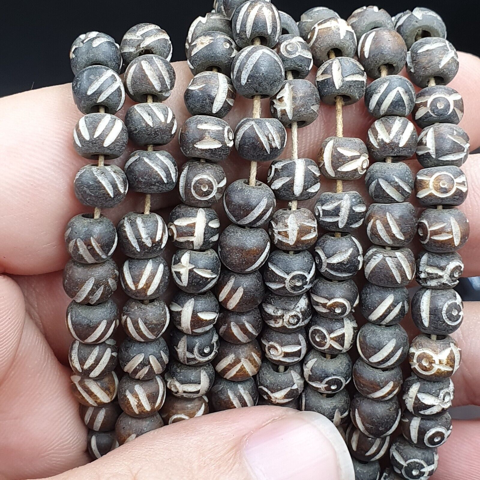 Lot 2 Old Tibetan Carving Yak Bone Necklace Tribal Decorated Beads Strands #B5