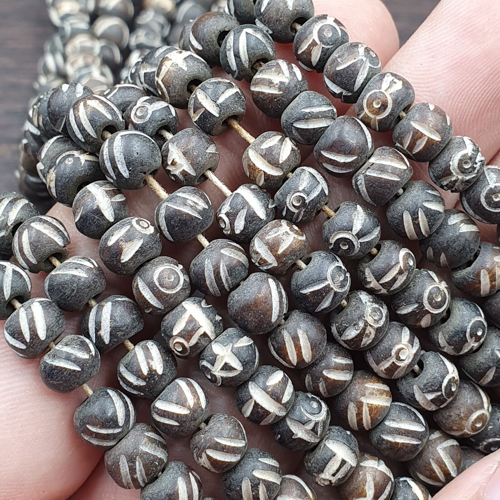 Lot 2 Old Tibetan Carving Yak Bone Necklace Tribal Decorated Beads Strands #B5