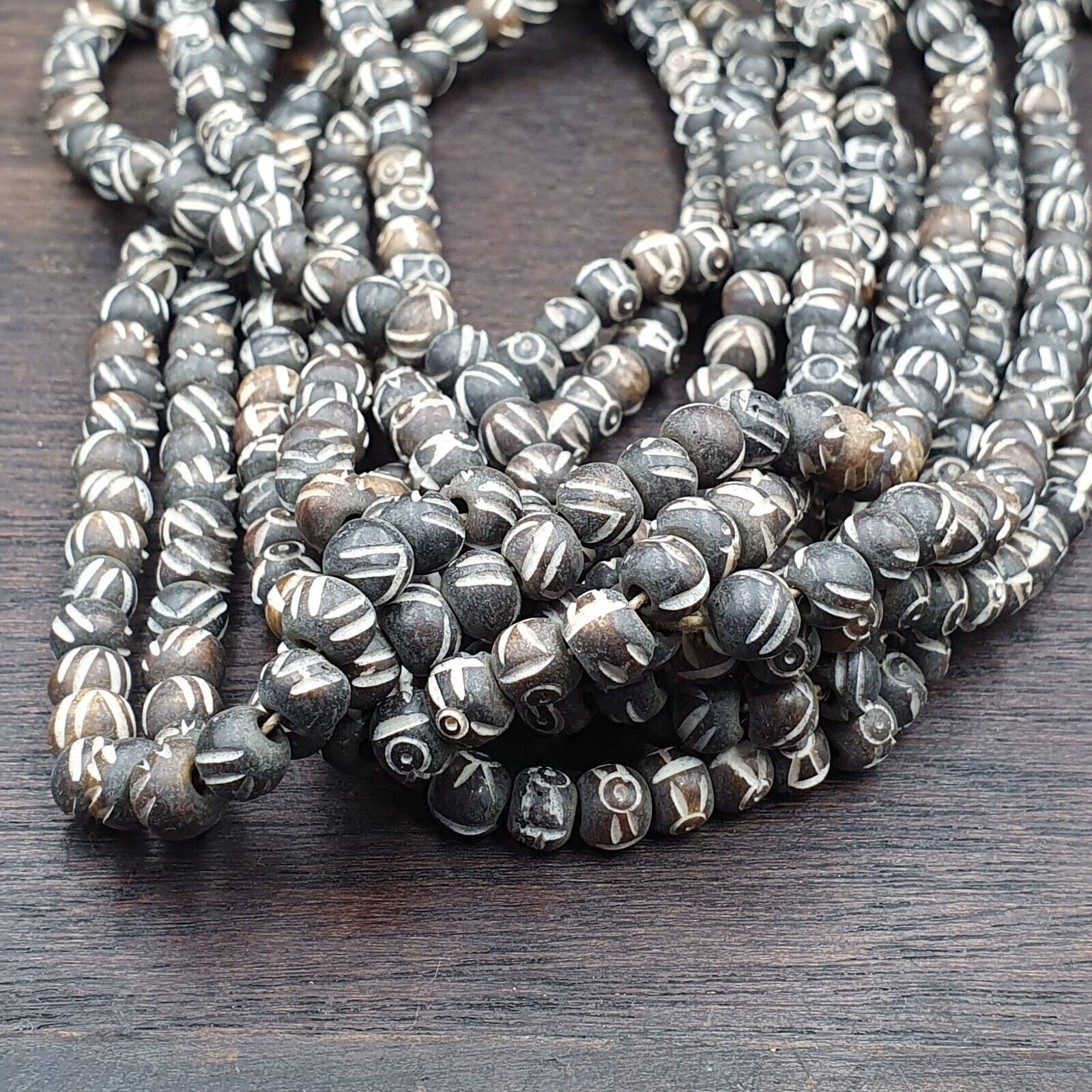 Lot 2 Old Tibetan Carving Yak Bone Necklace Tribal Decorated Beads Strands #B5