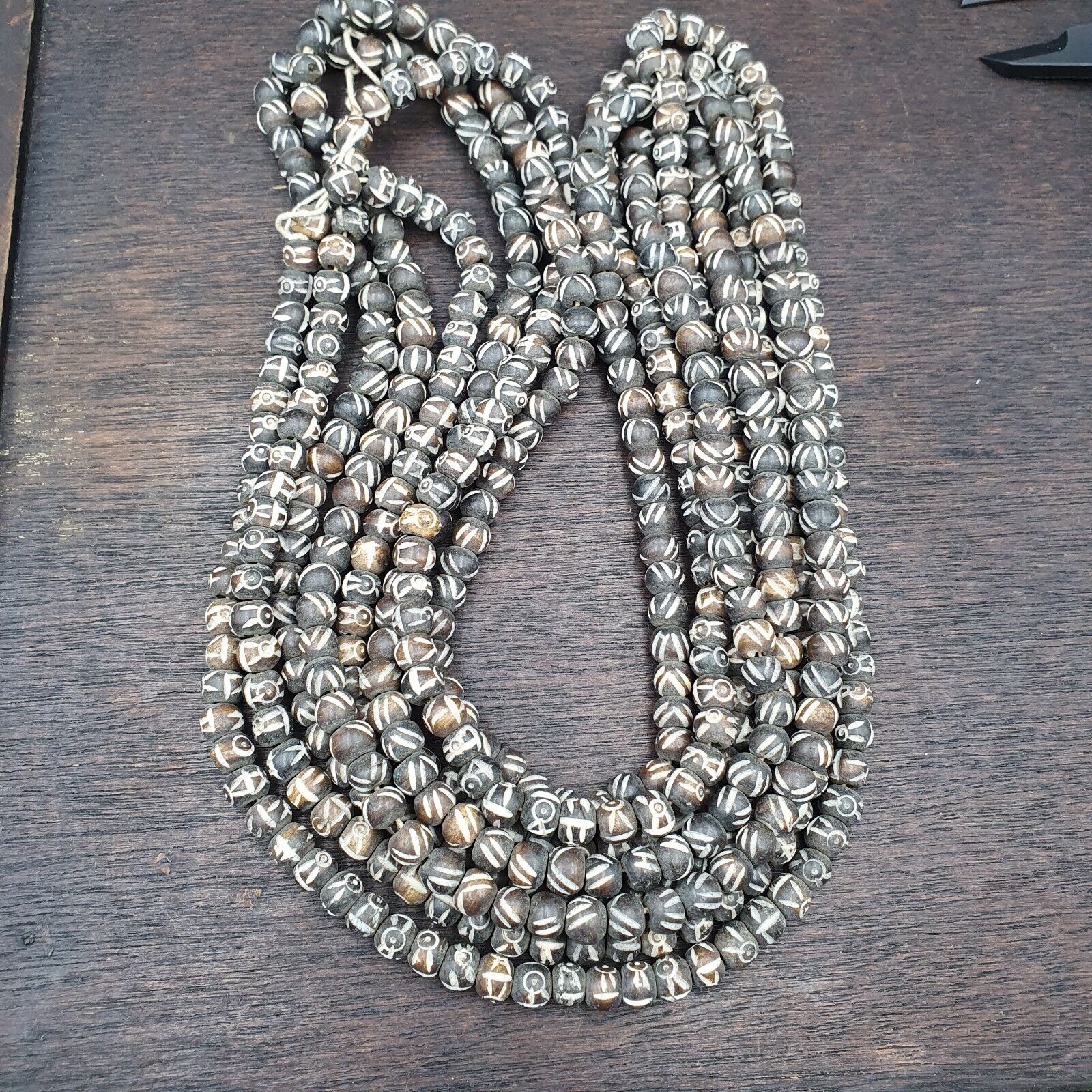 Lot 2 Old Tibetan Carving Yak Bone Necklace Tribal Decorated Beads Strands #B5