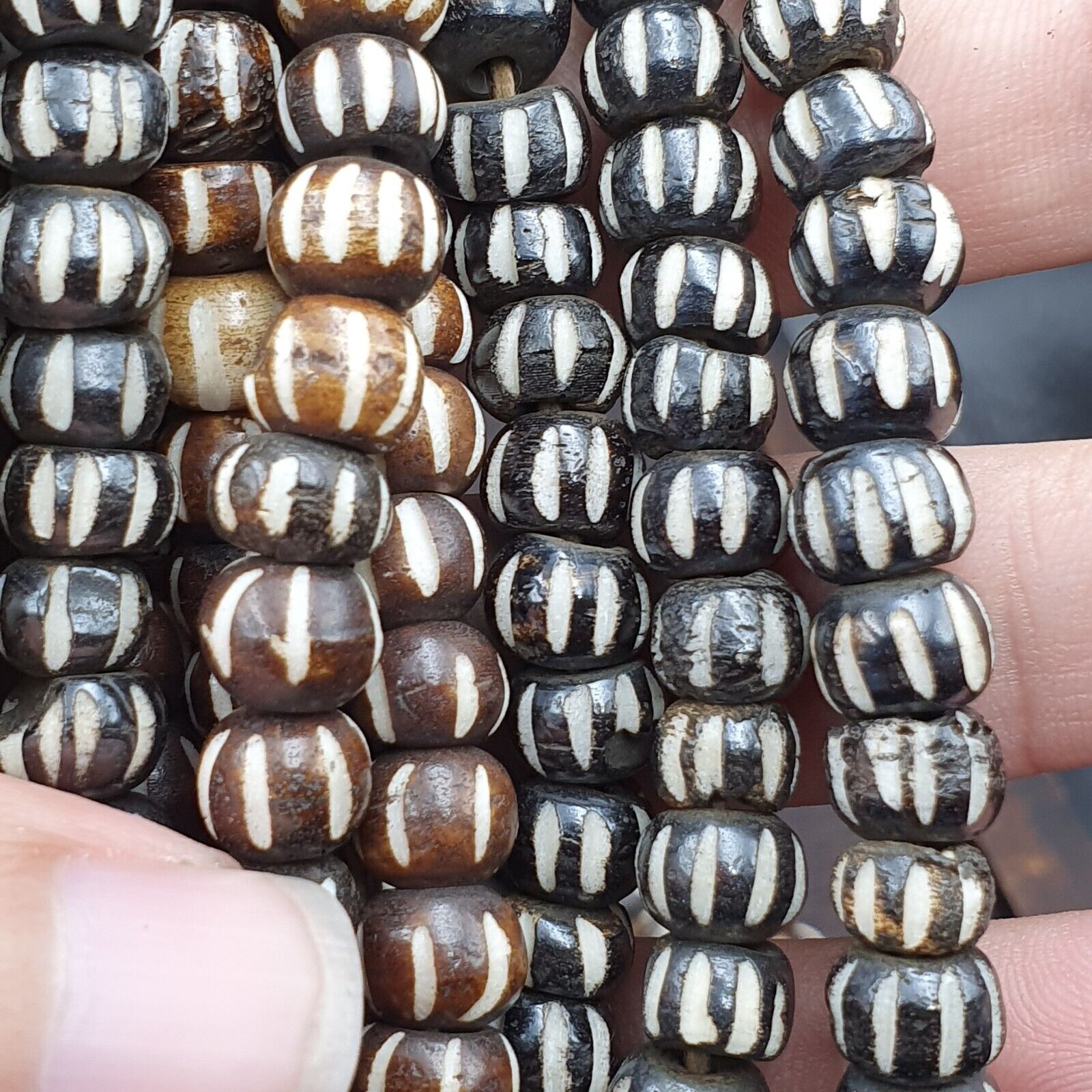 Lot 2 Old Tibetan Carving Yak Bone Necklace Tribal Decorated Beads Strands #B8