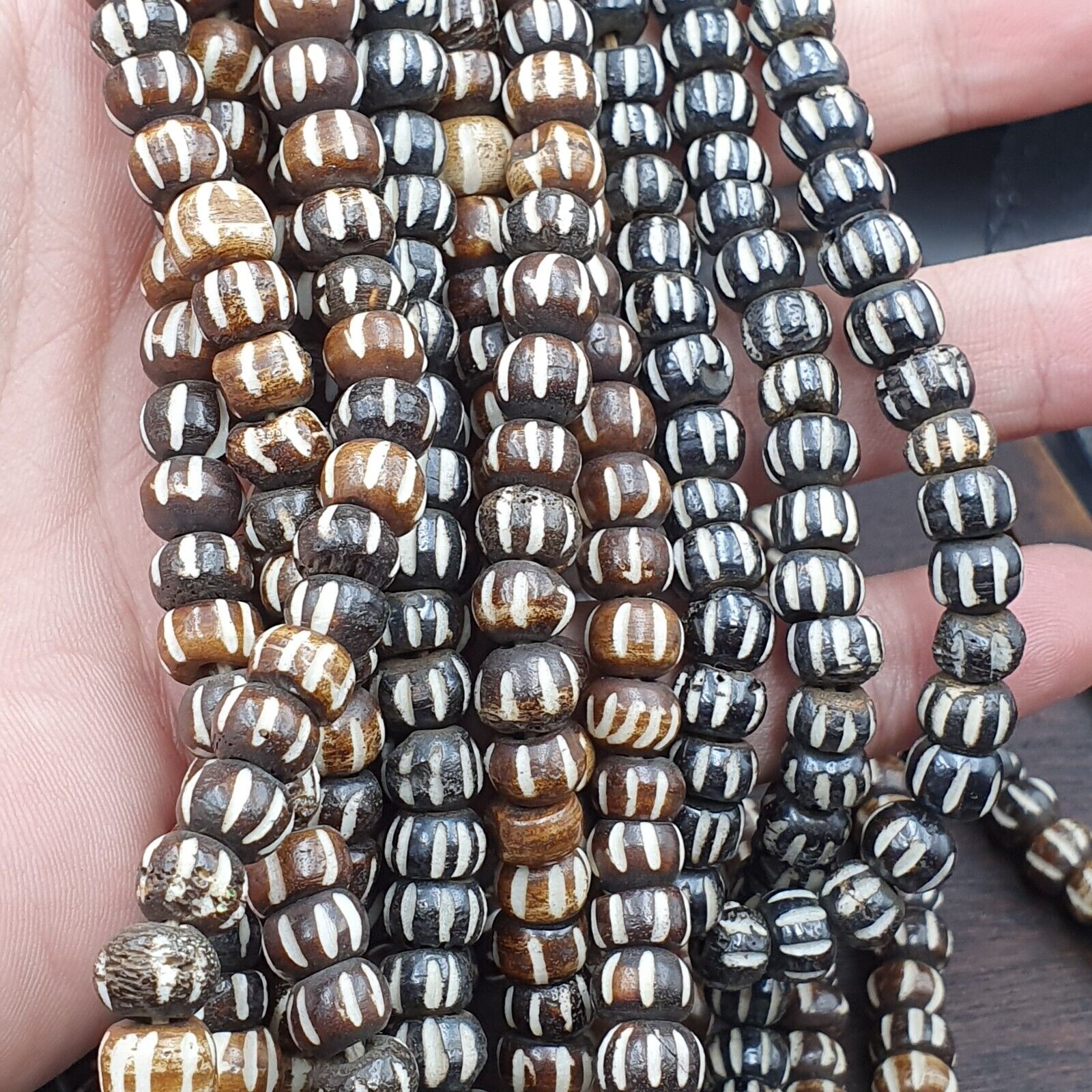 Lot 2 Old Tibetan Carving Yak Bone Necklace Tribal Decorated Beads Strands #B8