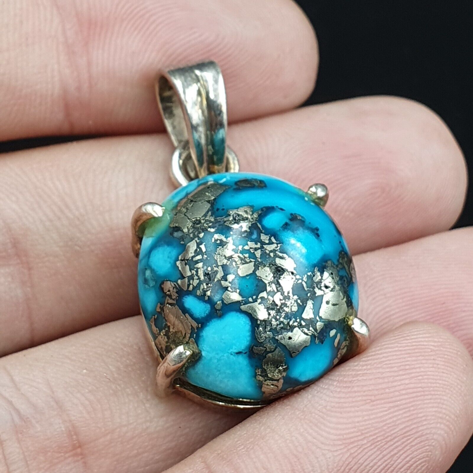 VINTAGE Natürliche blaue Türkis Pyrit Matrix Sterling Silber Anhänger Halskette