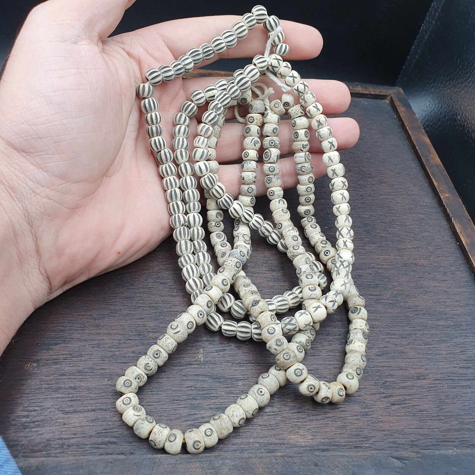 Lot 2 Old Tibetan Chinese Carved Necklace Tribal Decorated Beads Strands #2