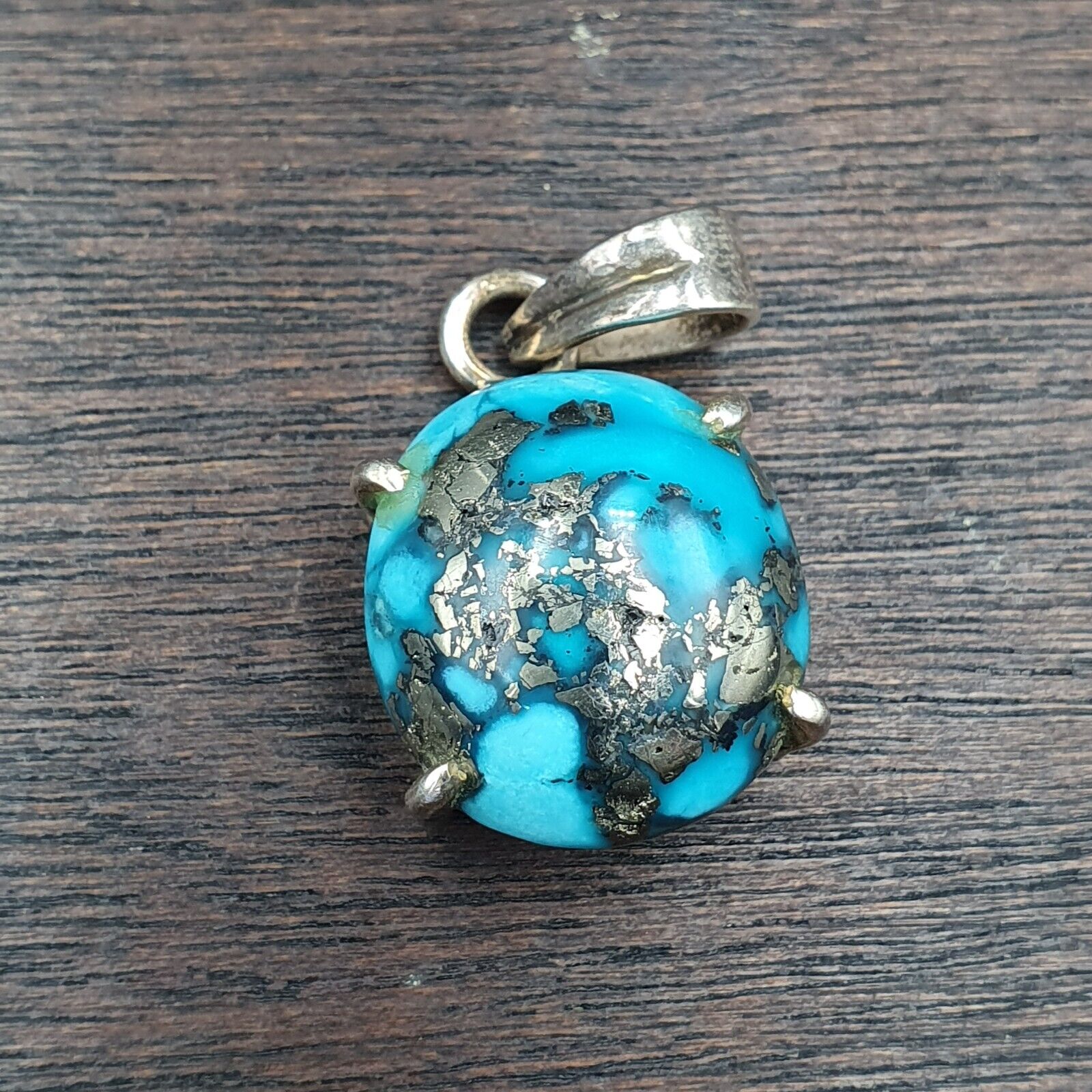 VINTAGE Natürliche blaue Türkis Pyrit Matrix Sterling Silber Anhänger Halskette