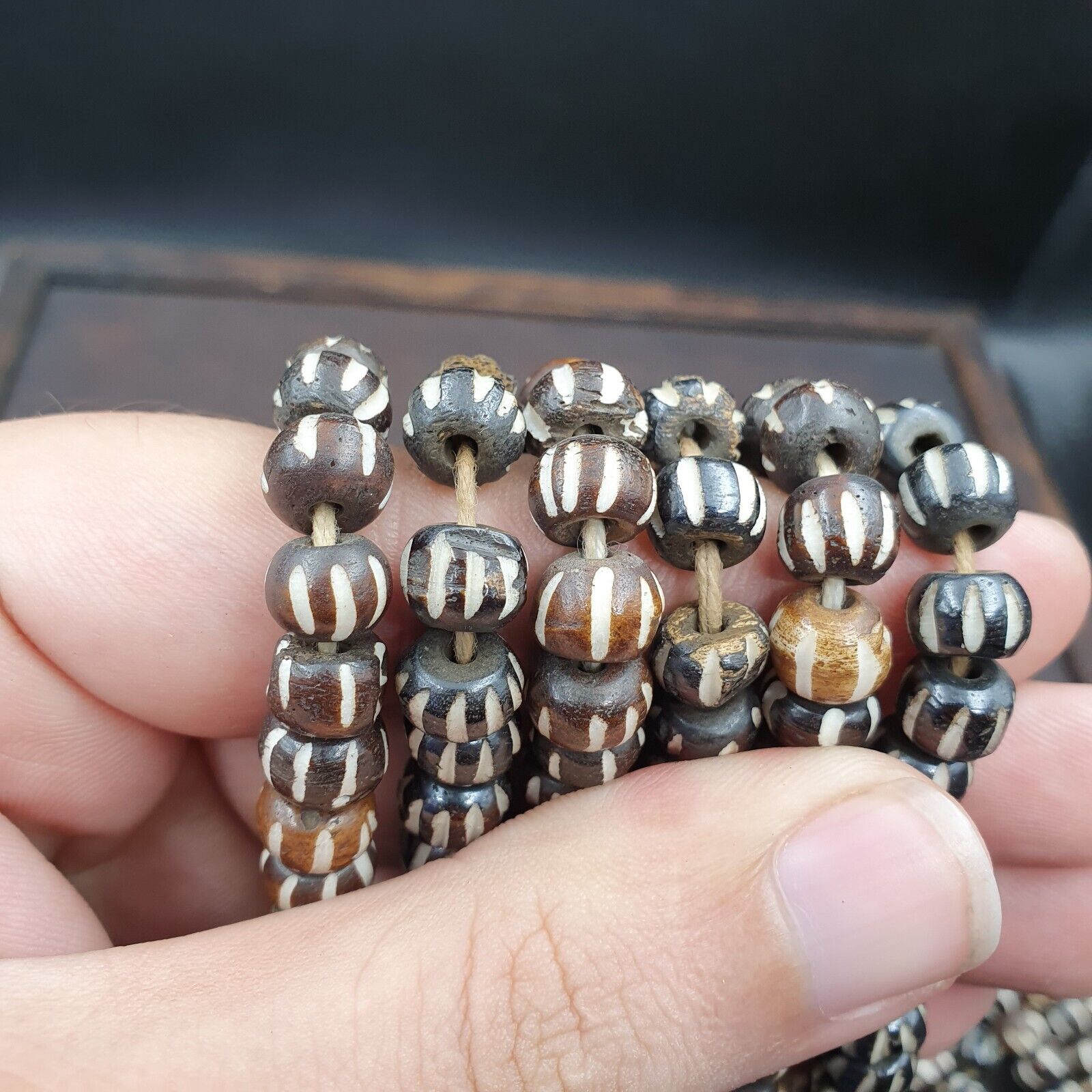 Lot 2 Old Tibetan Carving Yak Bone Necklace Tribal Decorated Beads Strands #B8