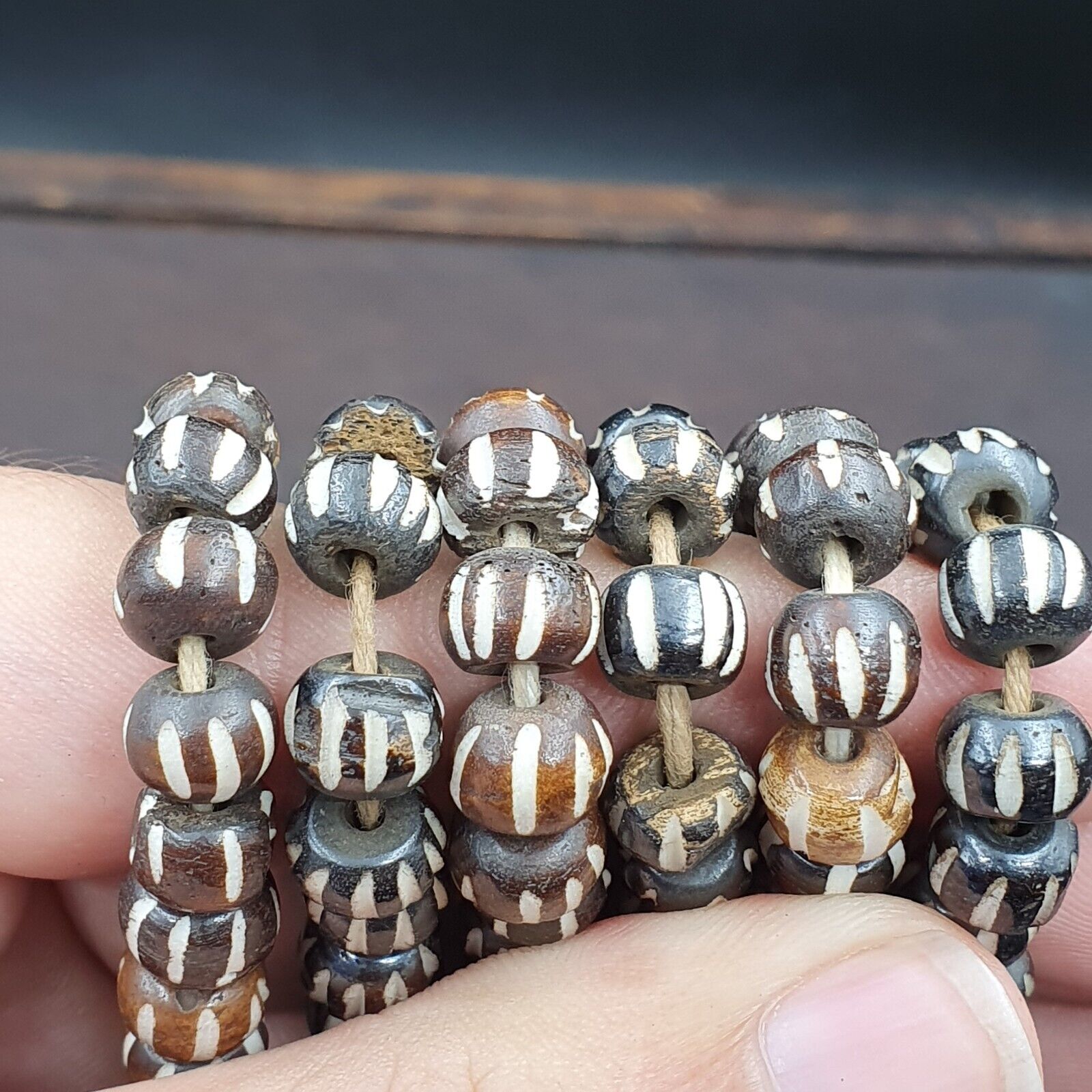 Lot 2 Old Tibetan Carving Yak Bone Necklace Tribal Decorated Beads Strands #B8