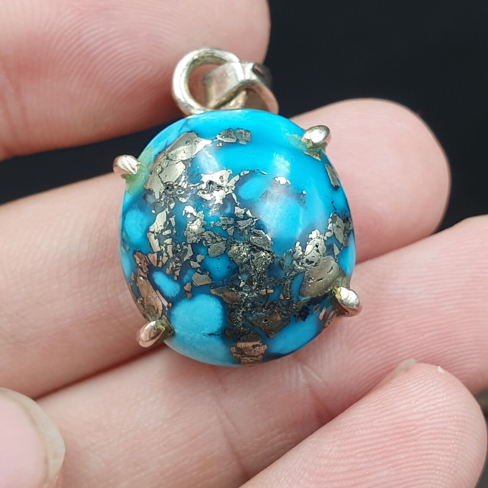 VINTAGE Natürliche blaue Türkis Pyrit Matrix Sterling Silber Anhänger Halskette