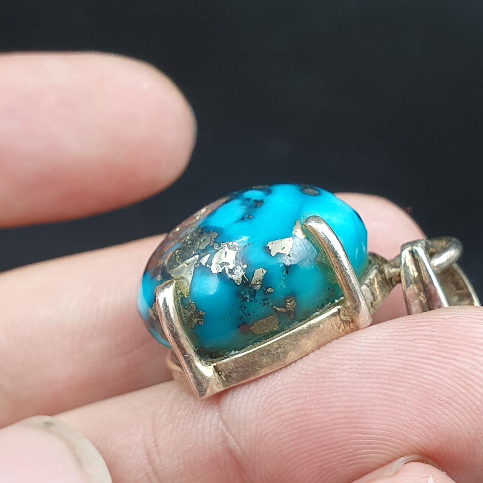 VINTAGE Natürliche blaue Türkis Pyrit Matrix Sterling Silber Anhänger Halskette