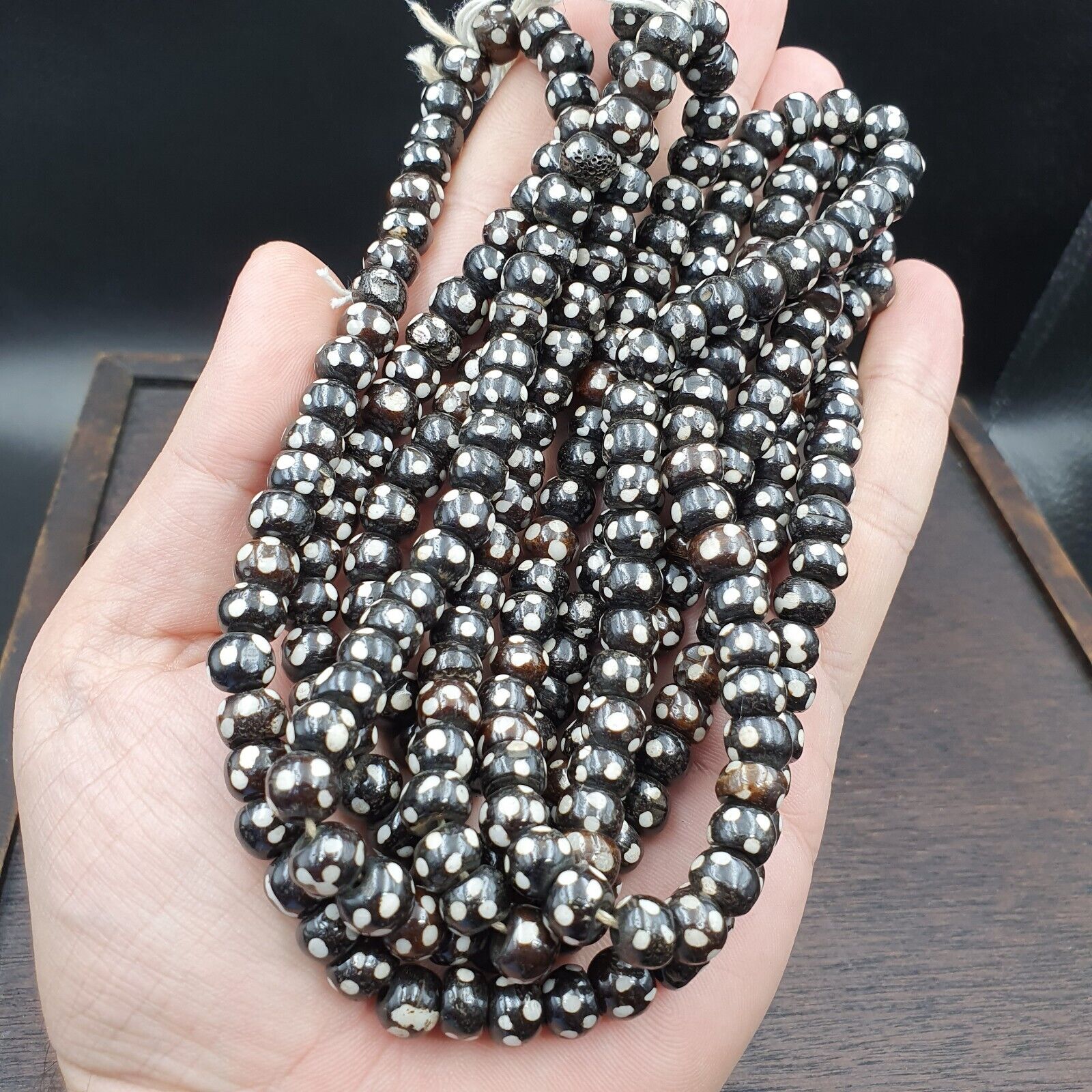 Lot 3 Old Tibetan Carving Yak Bone Necklace Tribal Decorated Beads Strands #B9