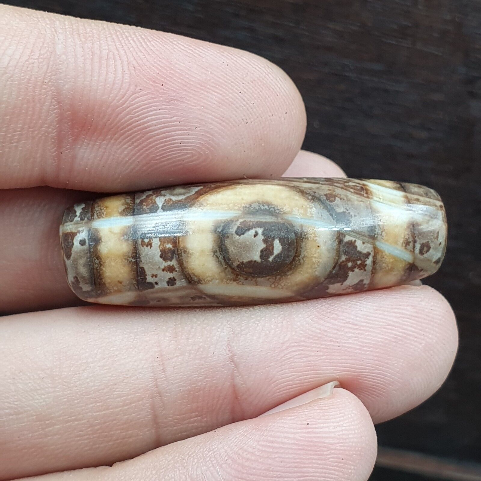 Rare Rusted Old Indo Tibetan Agate 2 Eye Agate stone Dzi Decorated Bead Amulet