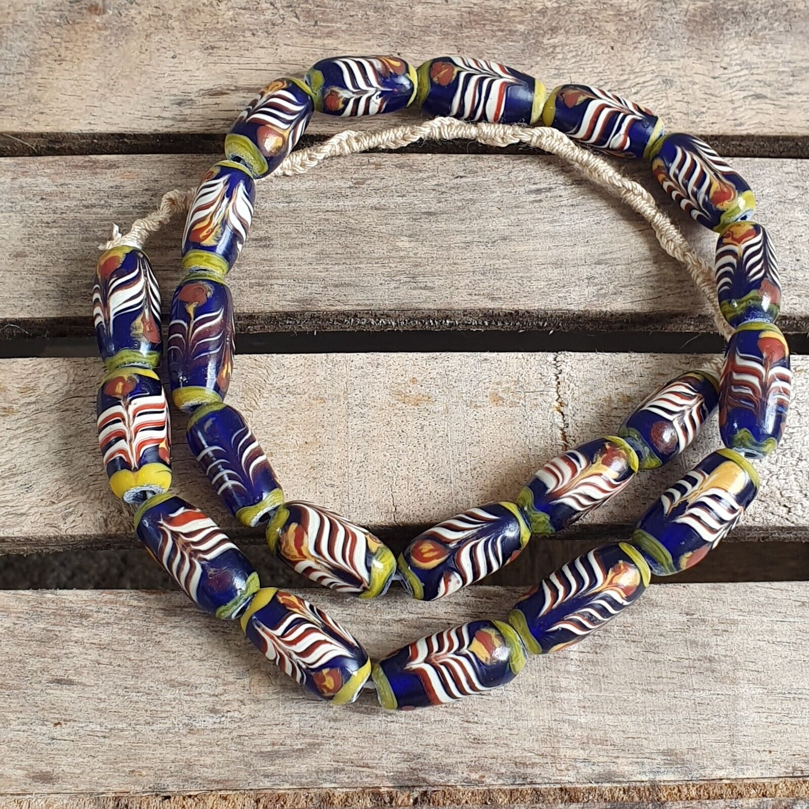 Lot 5 vintage Blue Fancy Feather Pattern glass beads Necklace