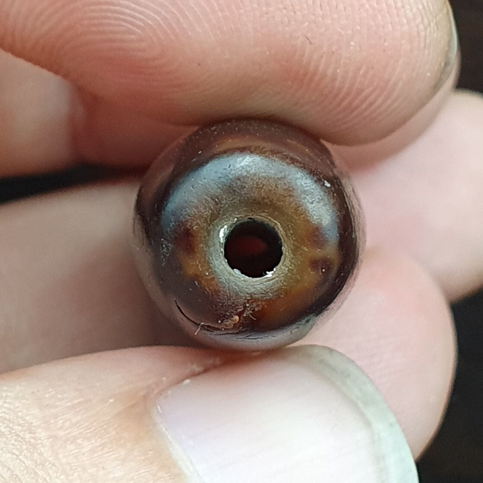 Vintage Old Indo Tibetan 3 Lines Agate Eye stone Bead Amulet