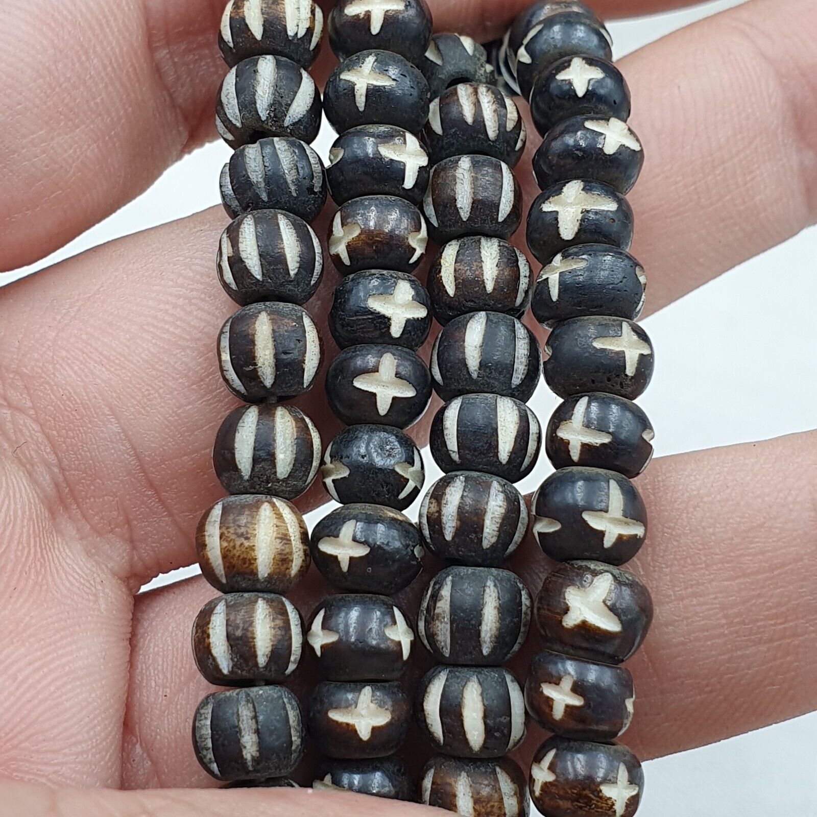 Lot 2 Old Tibetan Chinese Carved Necklace Tribal Carving Beads Strands #B13