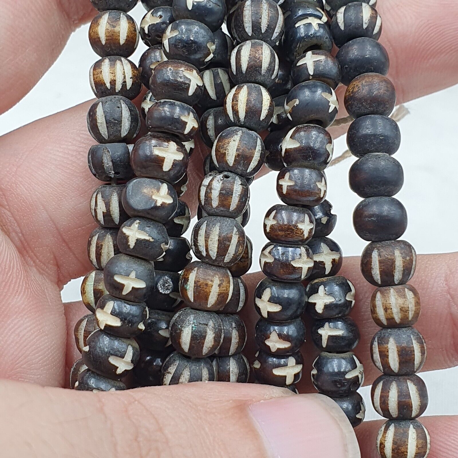 Lot 2 Old Tibetan Chinese Carved Necklace Tribal Carving Beads Strands #B13