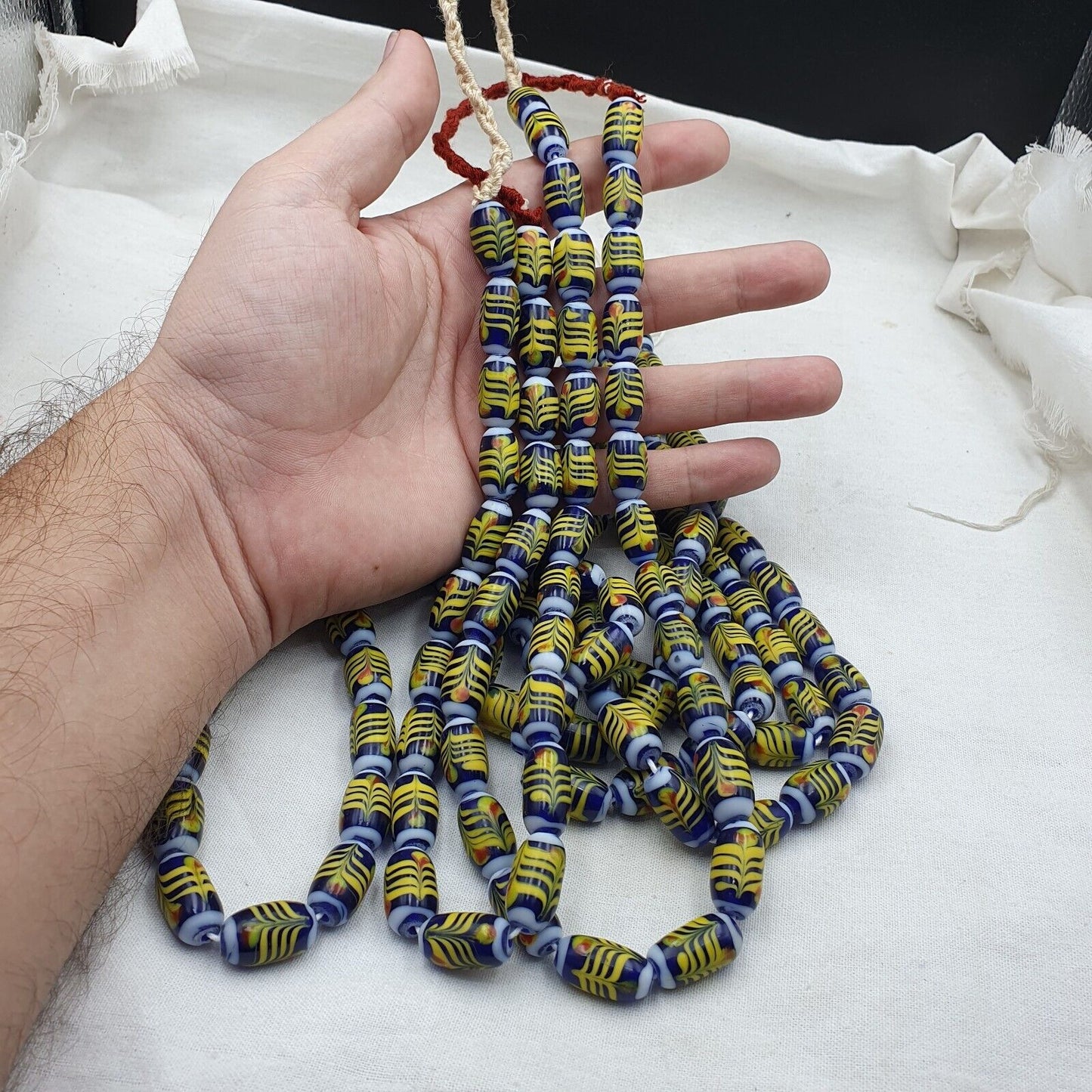 復古藍色花式羽毛圖案玻璃珠串項鍊