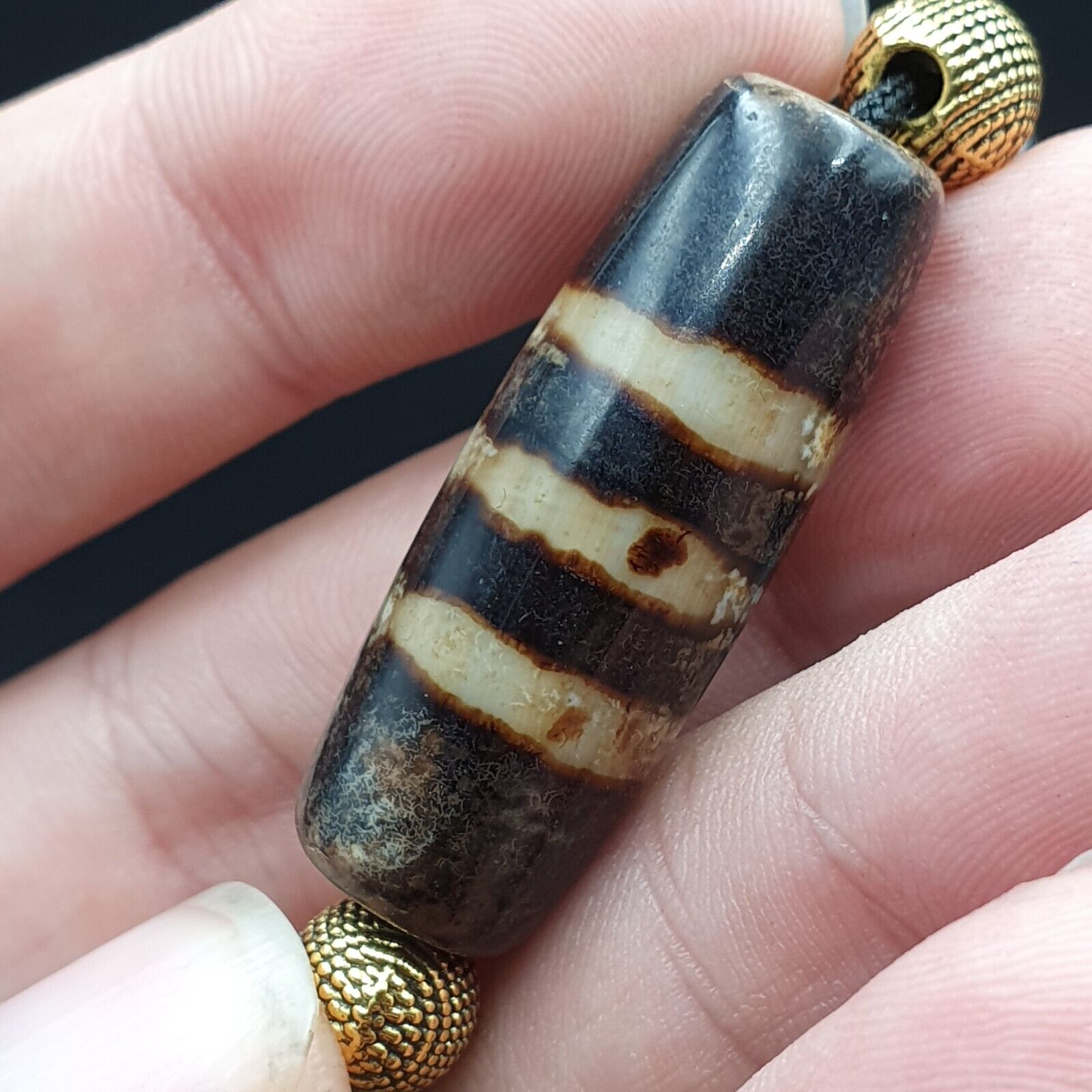 Vintage Antique Agate 3 Lines bead Tibet Himalayan Dzi pendant Necklace