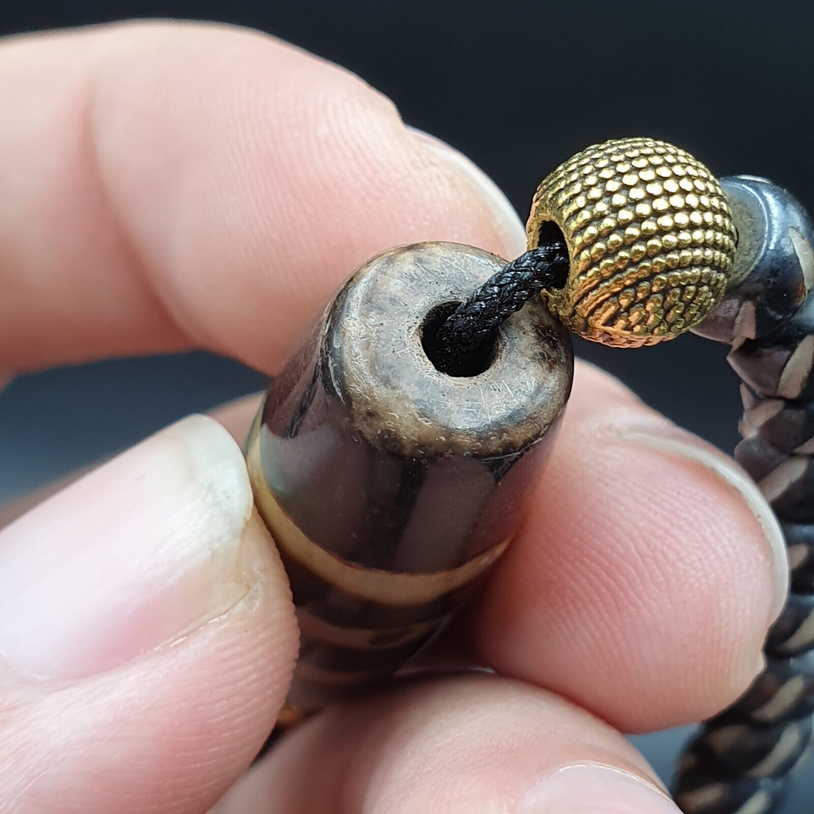 Vintage Antique Agate 3 Lines bead Tibet Himalayan Dzi pendant Necklace