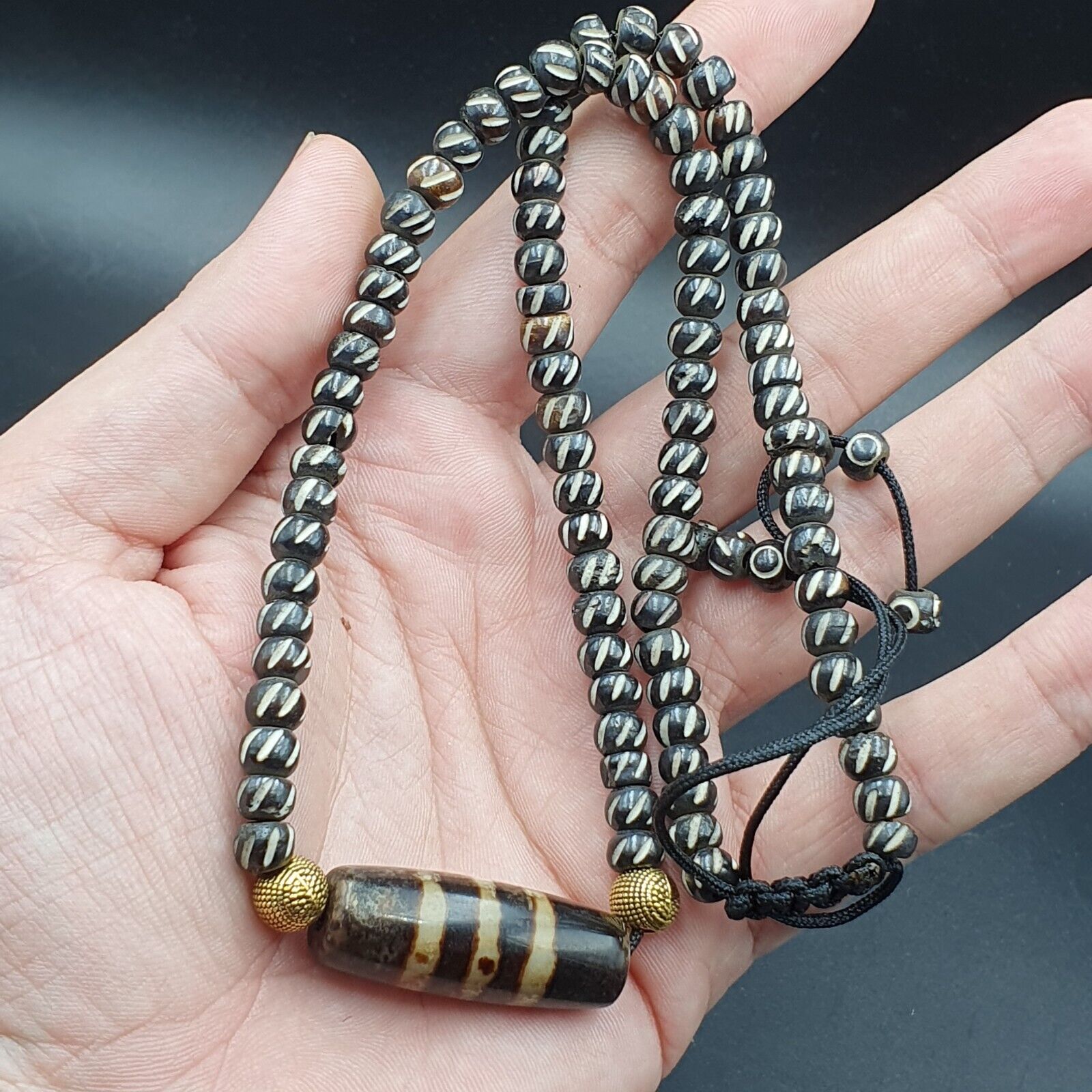 Vintage Antique Agate 3 Lines bead Tibet Himalayan Dzi pendant Necklace