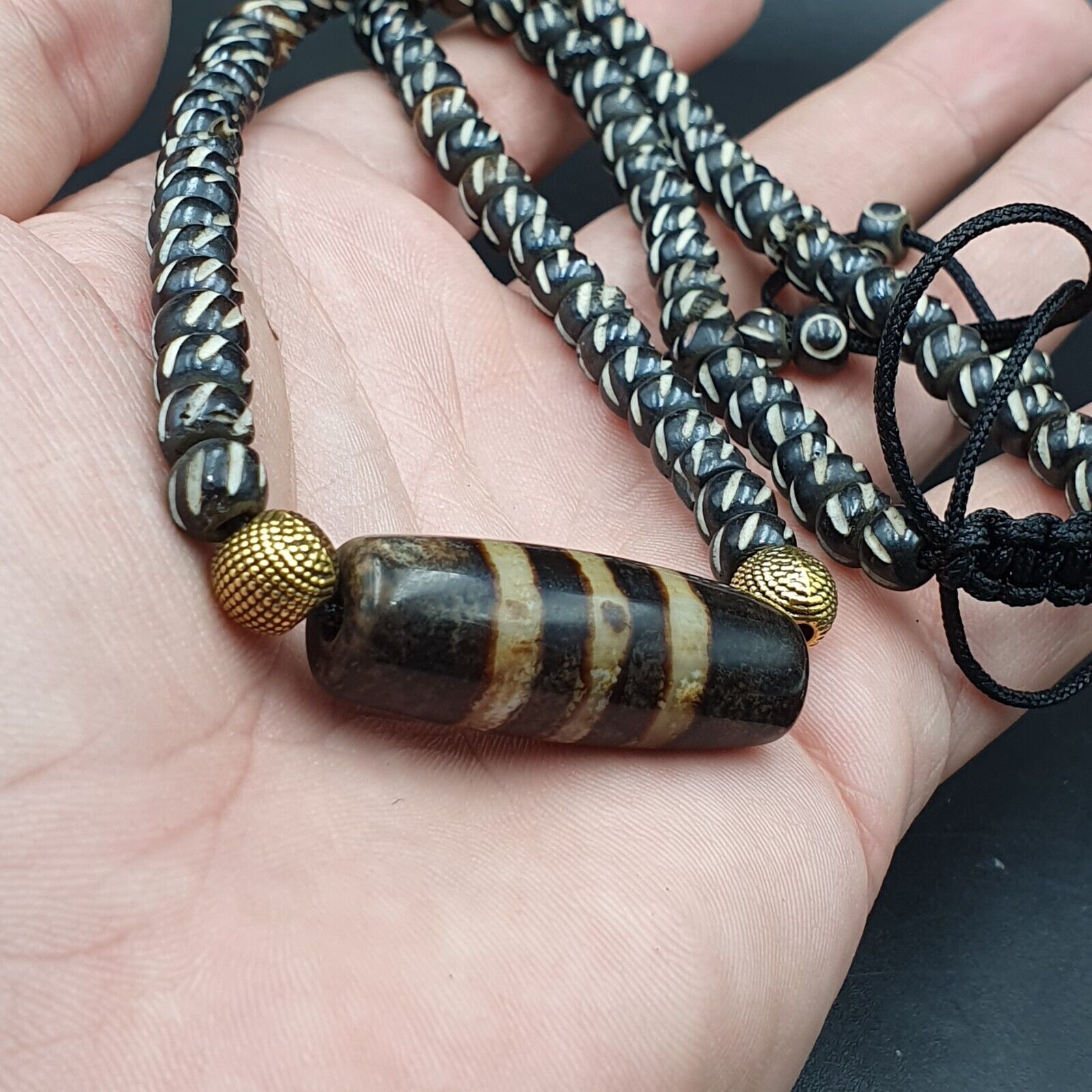 Vintage Antique Agate 3 Lines bead Tibet Himalayan Dzi pendant Necklace