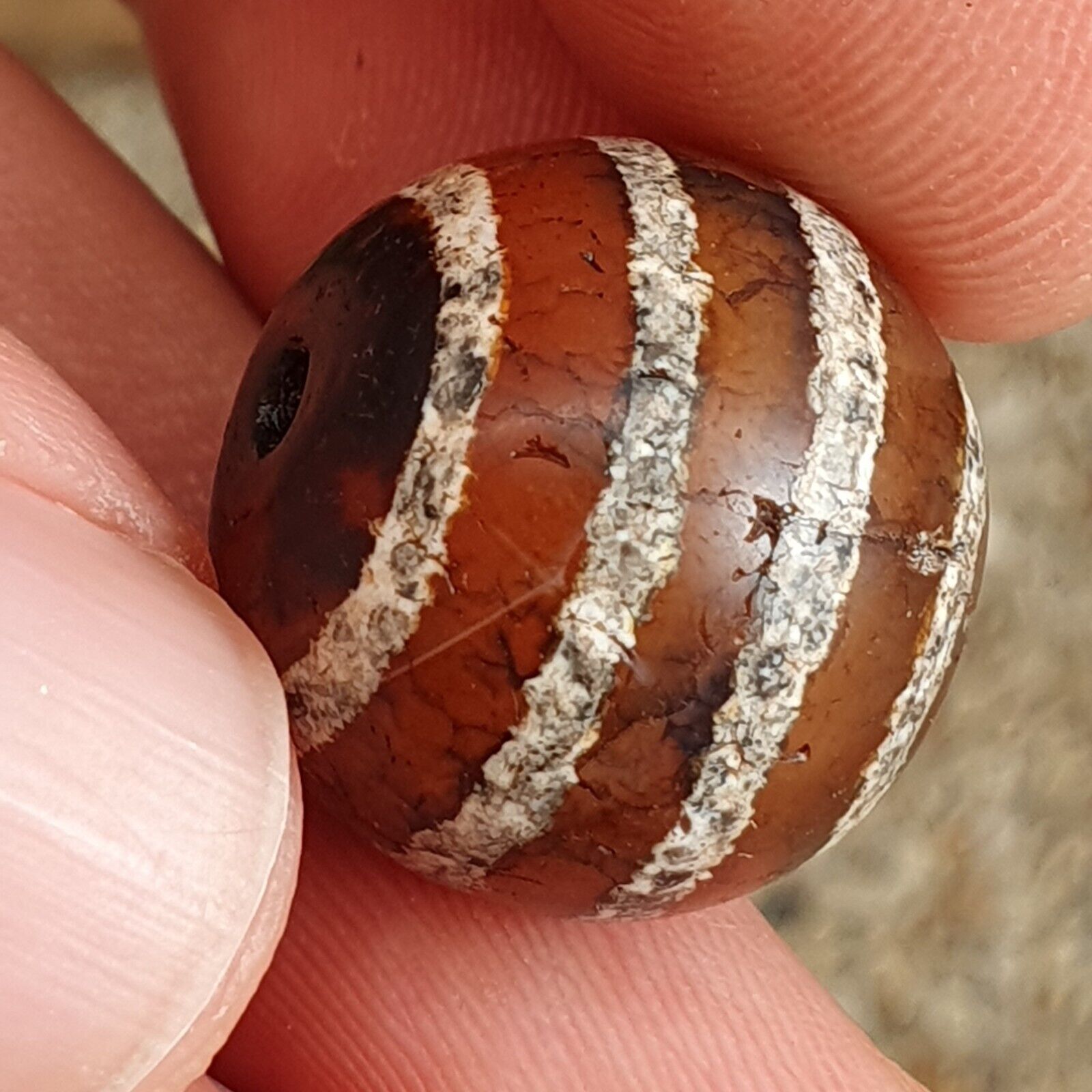 ETA-4 Antique Tibetan Etched Agate Bead Decorated Carnelian Beads