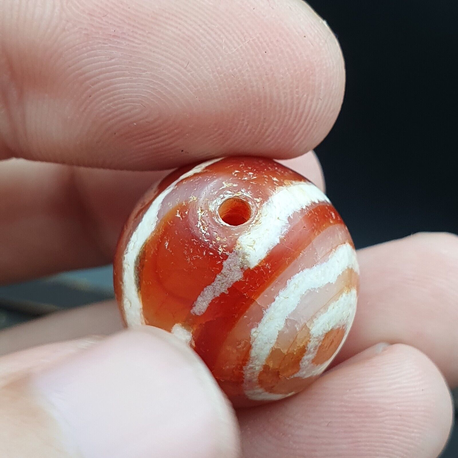 Antique Tibetan Nepalese RED Etched Agate Bead Decorated Carnelian Beads ETA-1
