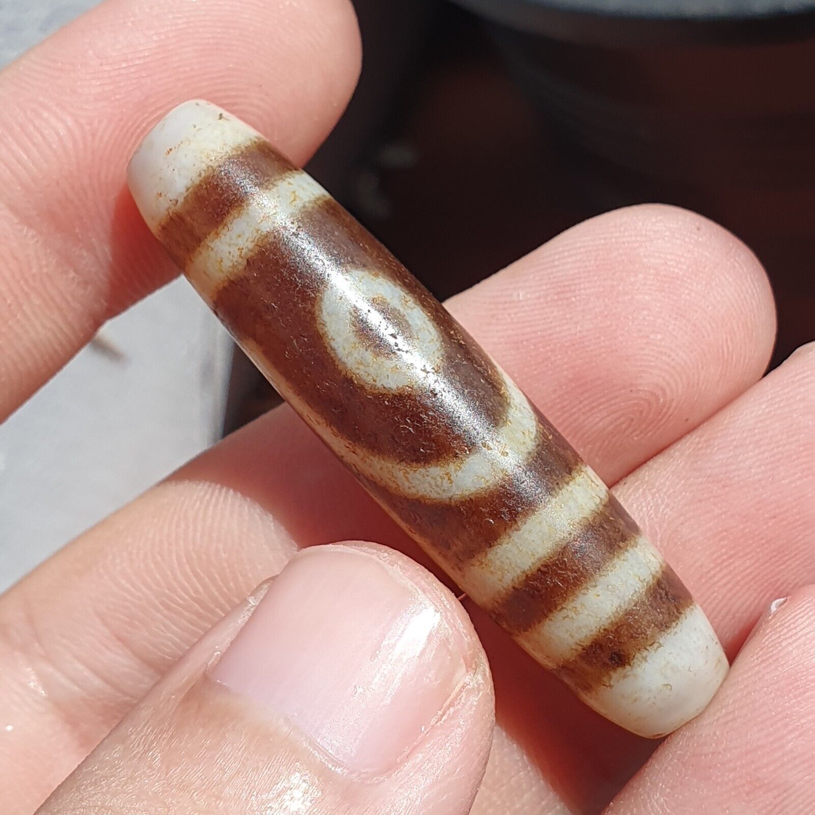 Himalayan Tibetan Dzi 2 eyes Triple Line Spiritual Amulet Mala Bead