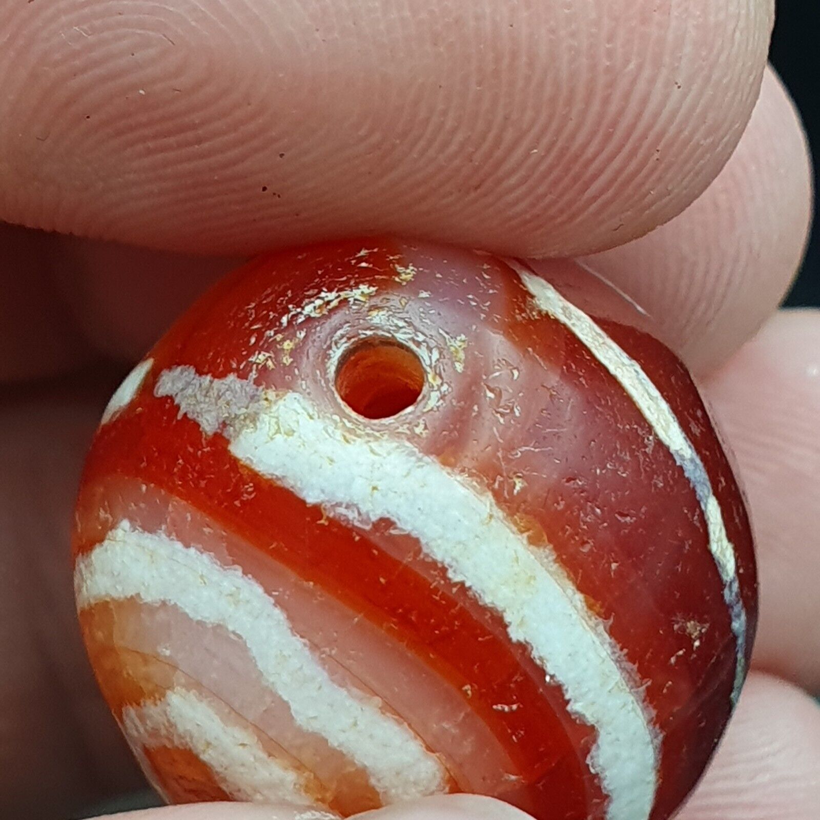 Antique Tibetan Nepalese RED Etched Agate Bead Decorated Carnelian Beads ETA-1